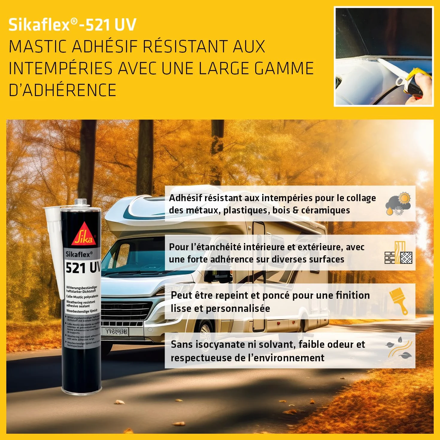 SIKA - Colle-mastic joints d'étanchéité camping-car/caravane/mobil-home - Sikaflex 521 UV Noir - Adhérence élevée - Résistant aux UV - Sans solvant - Résiste aux conditions climatiques - 300ml