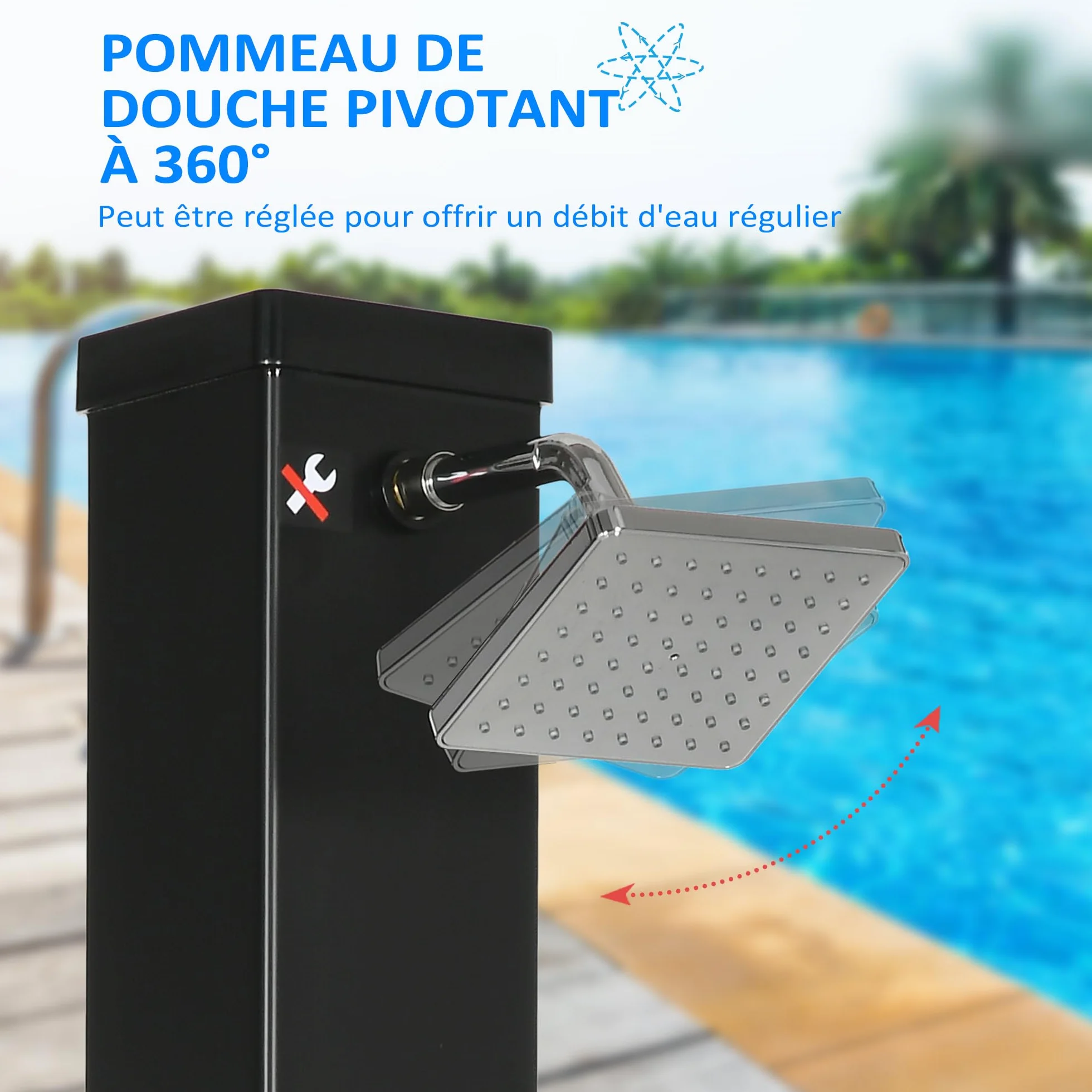 Outsunny Douche Solaire de Jardin 40L Tête Rotative 360° Eau Chaude/Froide 60°C Sans Raccordement Électrique Noir