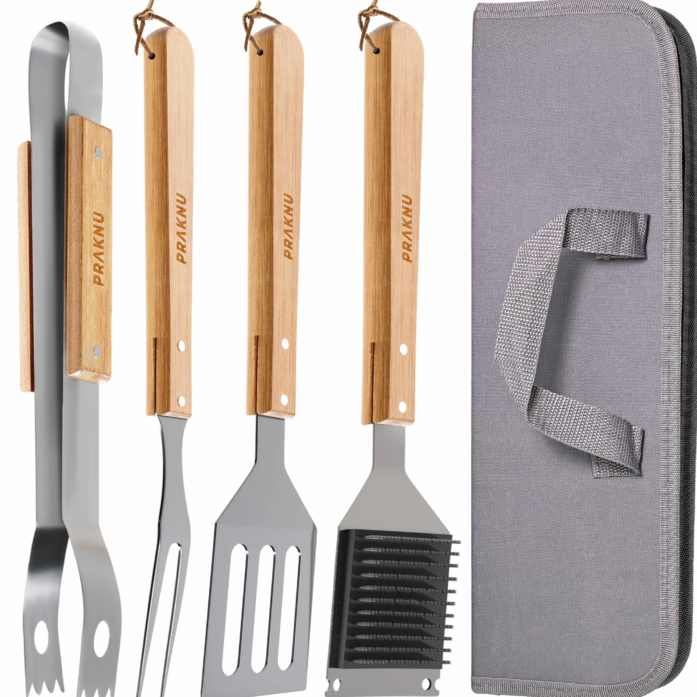 Kit Barbecue Ustensiles 4 Pièces Acier Inoxydable et Bois avec Sac de Transport - Coffret Cadeau BBQ Gaz