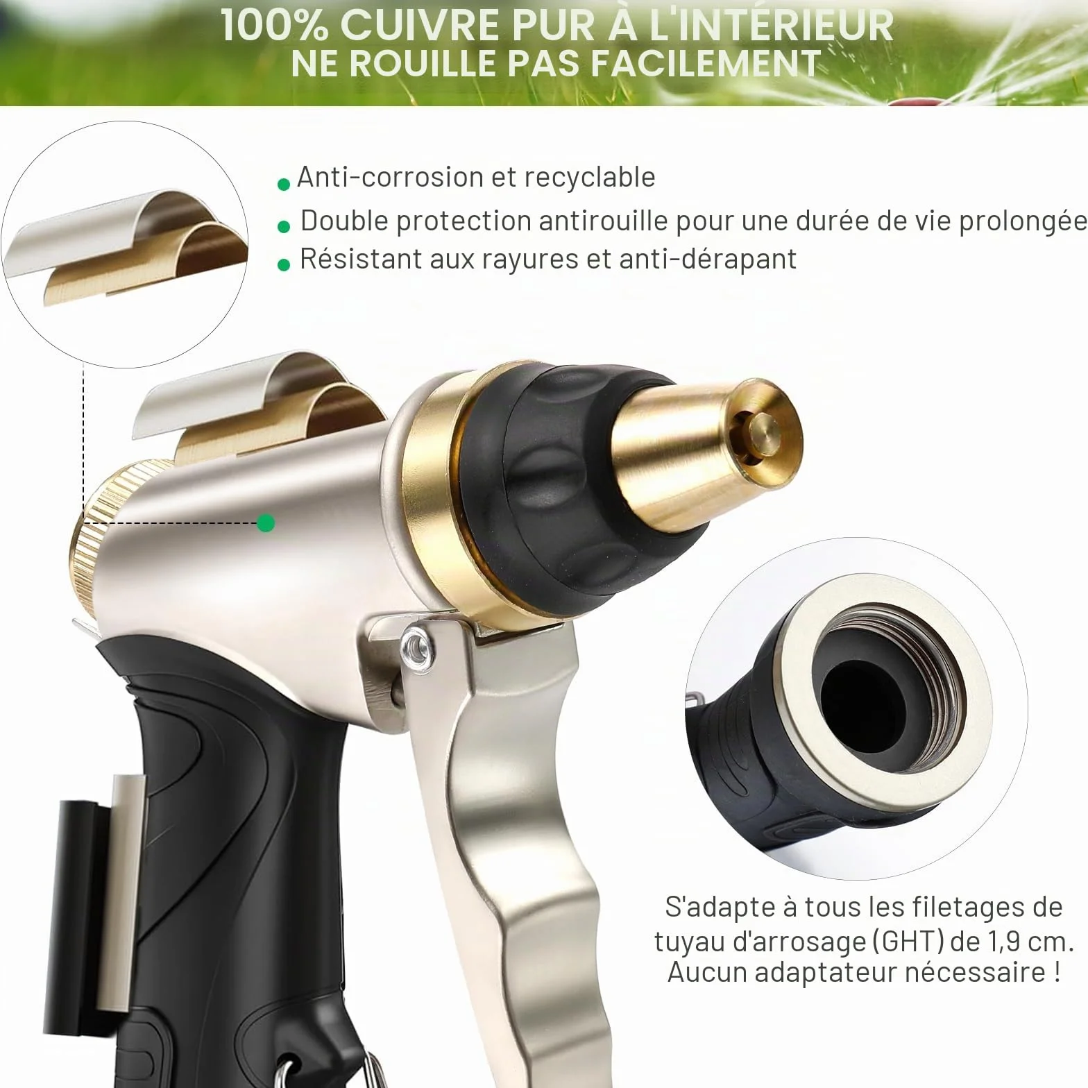 Pistolet d'Arrosage Haute Pression avec Buse en Laiton Réglable pour Nettoyage Voiture Jardin