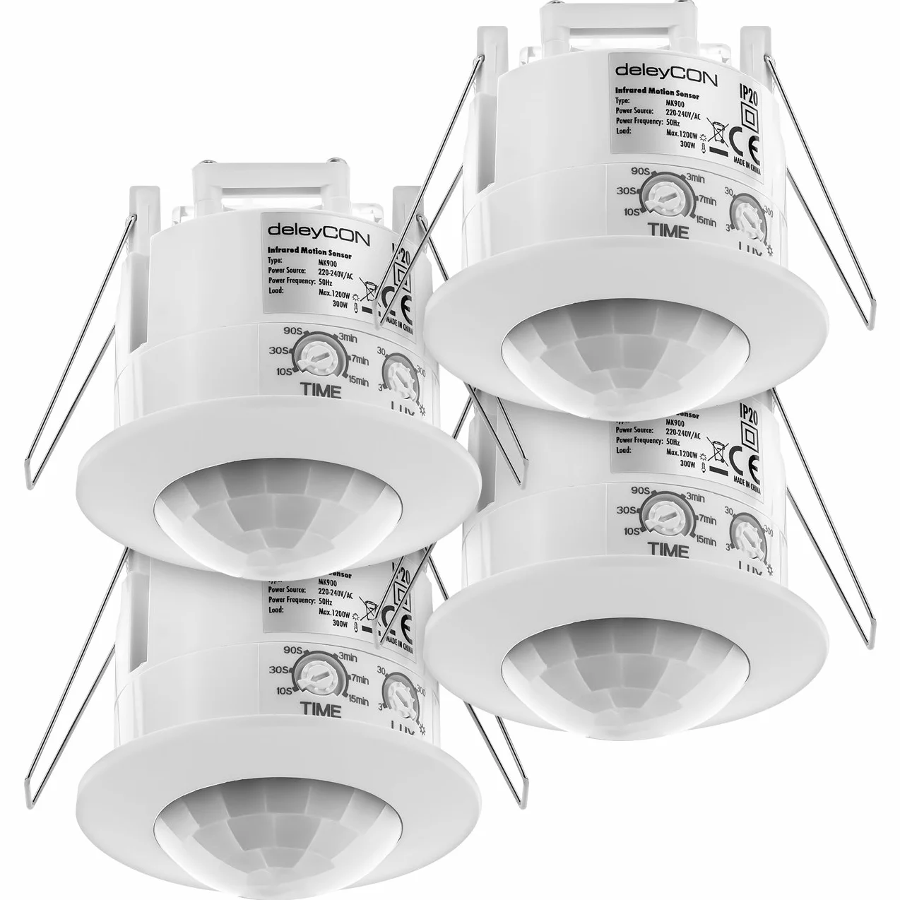 deleyCON 4X Infrarouge Détecteur de Mouvement Encastré Montage au Plafond Intérieur Contrôle des Feux Zone de Travail à 360° Portée de 6m Capteur de Lumière Intégré Blanc