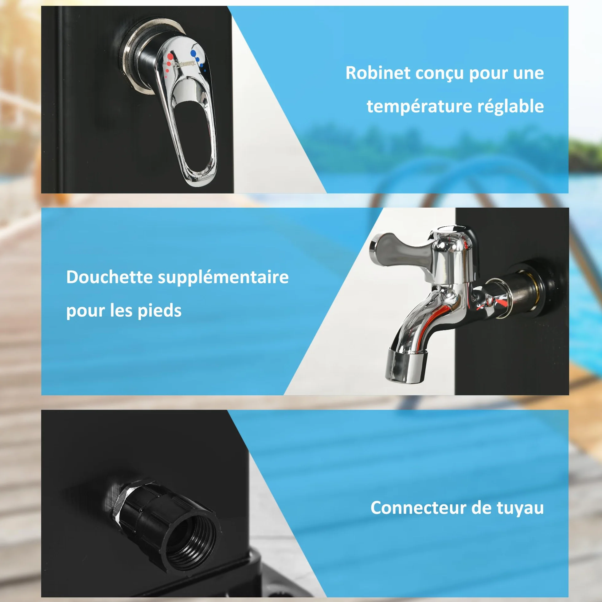 Outsunny Douche Solaire de Jardin 40L Tête Rotative 360° Eau Chaude/Froide 60°C Sans Raccordement Électrique Noir