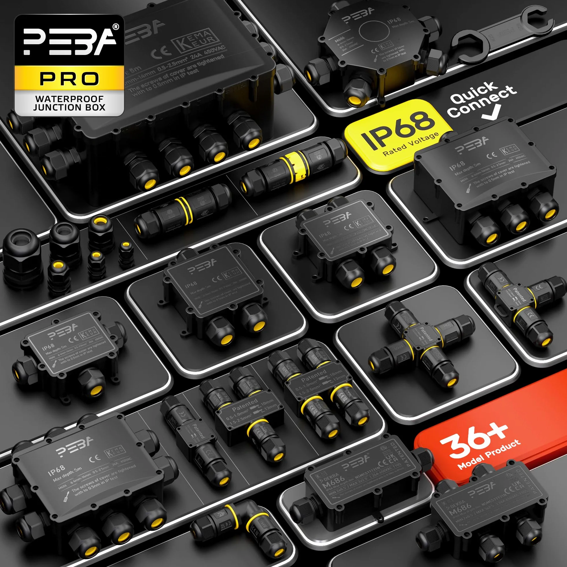 PEBA® Boîte dérivation étanche extérieur IP68,Connecteur Électrique Étanches,Connecteur étanche extérieur à 3 Voies pour câble de Ø4-14 mm de diamètre,Boite Derivation,Boîte de Jonction,Noir
