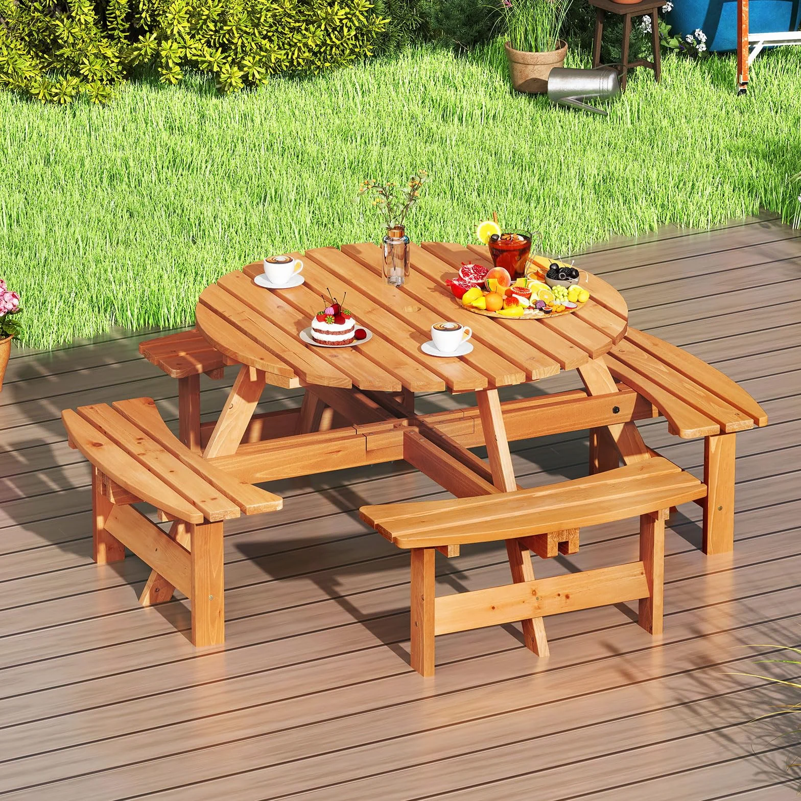 GOPLUS Table Pique-Nique Extérieur 8 Personnes, Salon de Jardin Rond avec 4 Bancs Intégrés, Trou Parasol 5 cm, Charge 100+250KG, Jaune