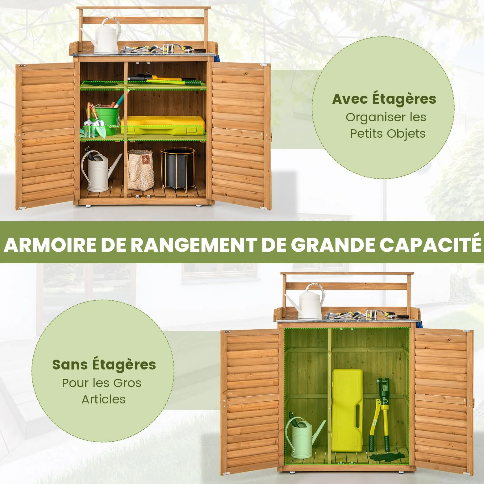GOPLUS Table de Rempotage en Bois de Sapin, Armoire de Rangement de Jardin avec Plateau en Métal, 87 x 45 x 120 cm, Naturel