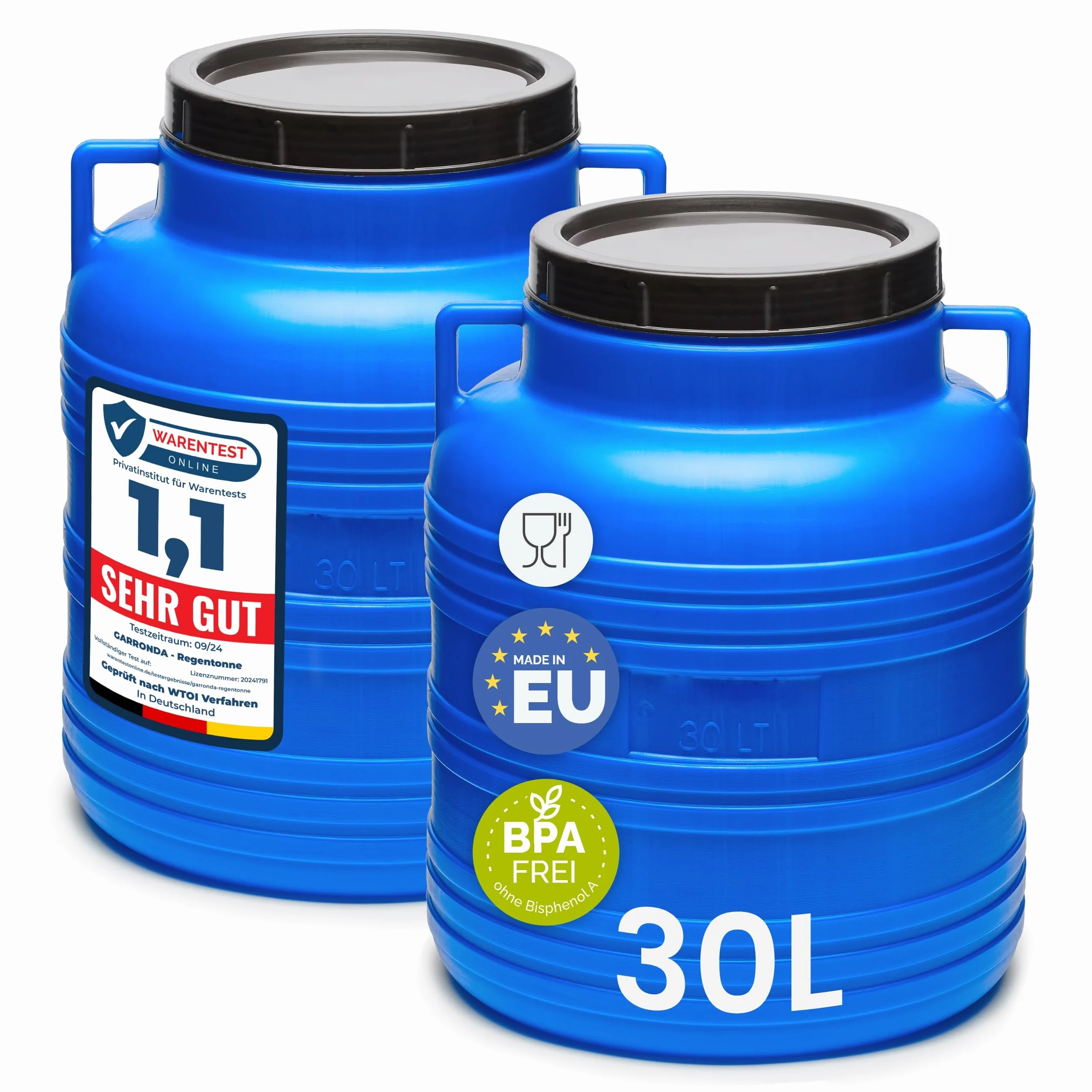 Garronda Lot de 2 Réservoir d'Eau 30 L, Baril Alimentaire HDPE sans BPA, Tonneau de Jardin GD-0078