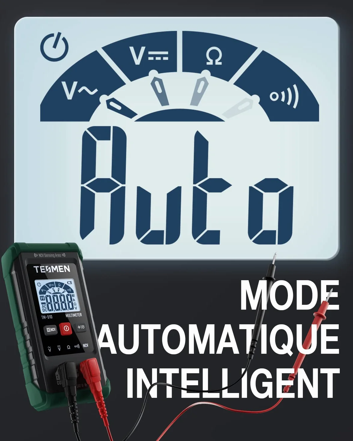 TESMEN TM-510 Multimetre Numerique, Testeur Electrique 4000 Comptes, Multimetre Professionnel Mesure Intelligente, Auto-Ranging Voltmetre, Mesure La Tension AC/DC, Resistance, Continuite – Vert