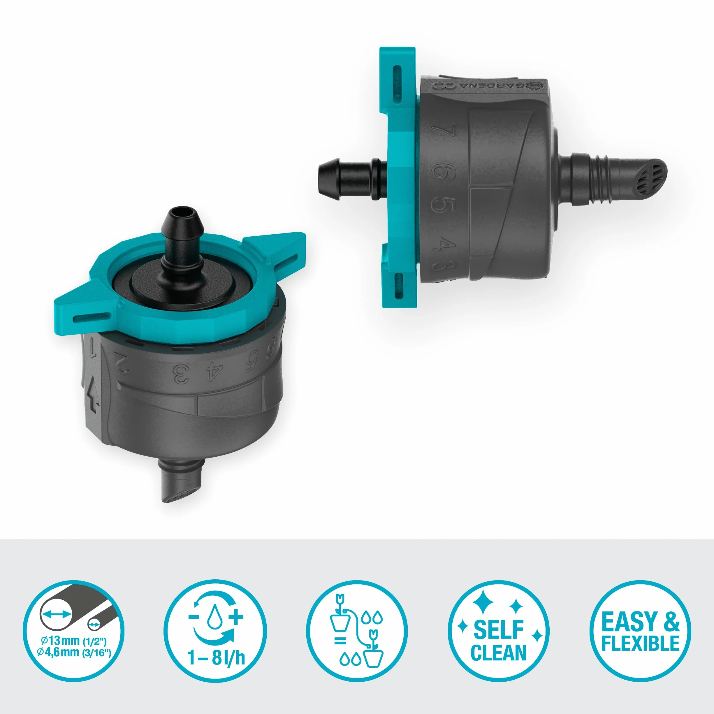 Gardena Micro-Drip Système Goutteur d'Extrémité Réglable, Régulateur de Pression, Embout Irrigation Goutte à Goutte, pour Plantes Hauteurs de Pot (13304-20)