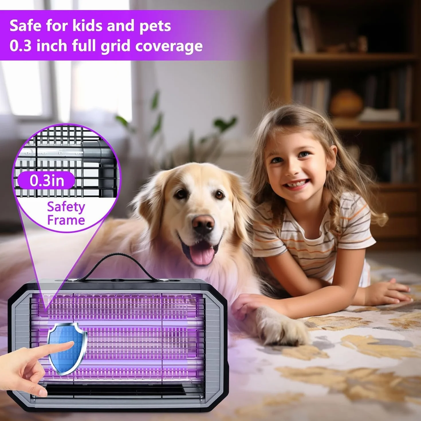 Lampe Anti Moustique Intérieur 4200V Tue Mouche Électrique UV Double LED Câble 1,3m Sans Chimie Grille Sécurité Enfants Animaux