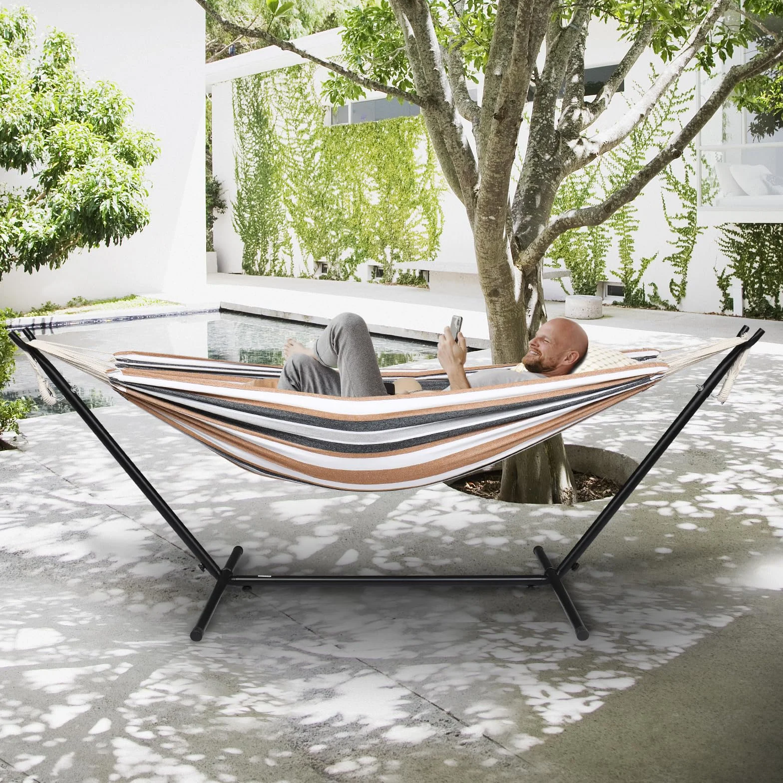 Bonnlo Hamac sur Pied Pliable avec Support Acier 150 kg Jardin Terrasse Balcon Marron 300x120x100 cm