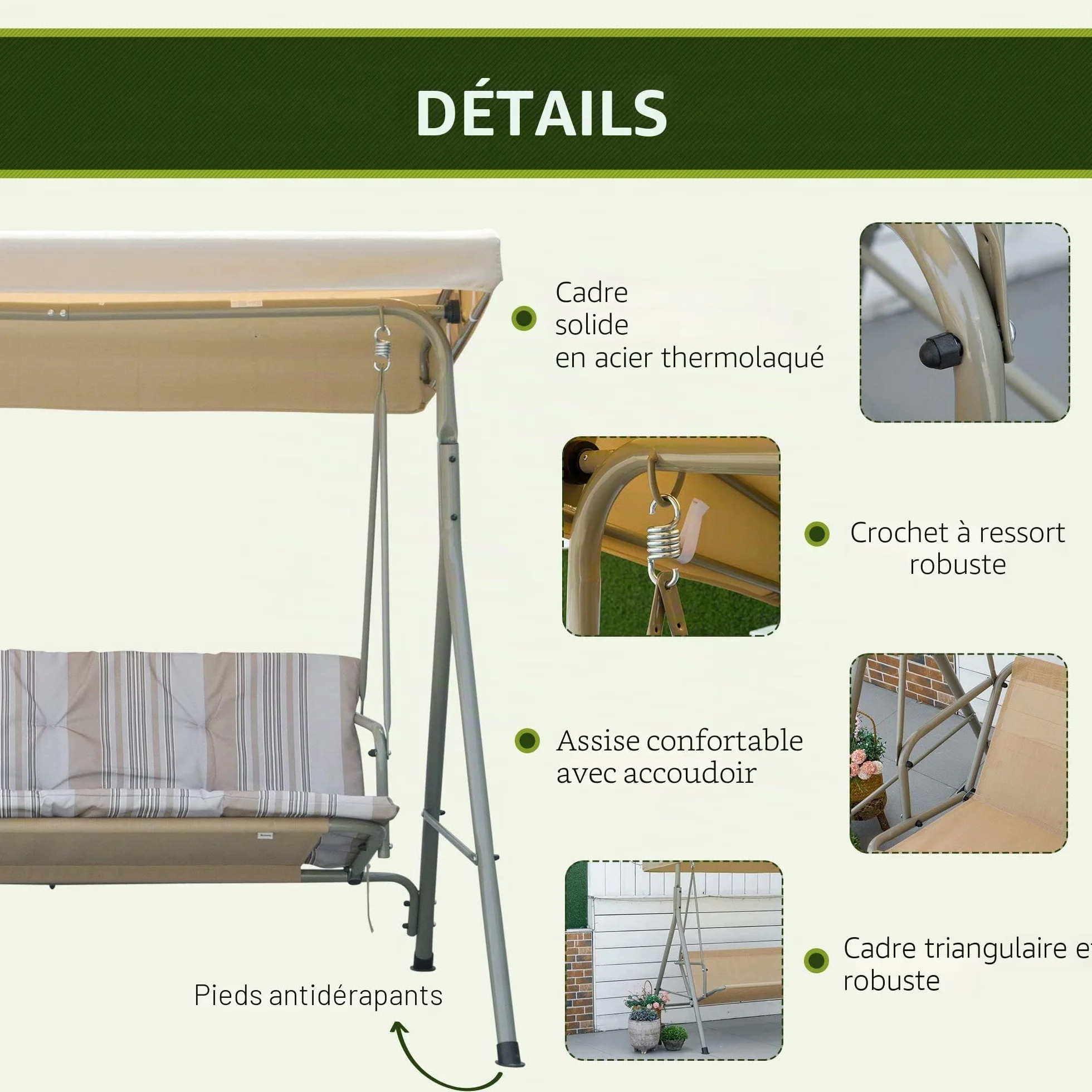 Outsunny Balancelle de Jardin 3 Places Toit Inclinaison Réglable Coussins Amovibles Polyester Acier Époxy Marron
