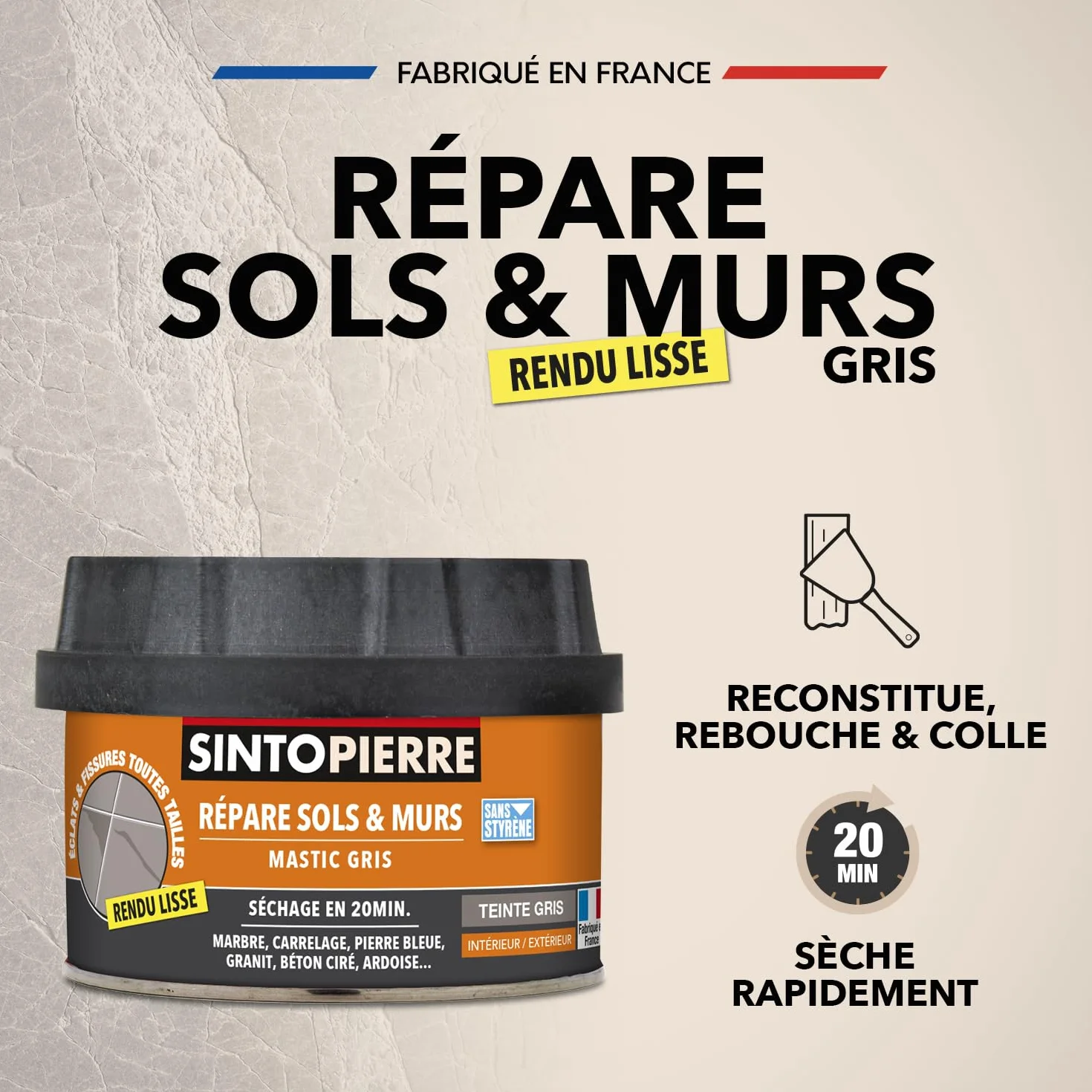 SINTO Répare sols et murs gris 280g, reconstitue rebouche et colle, ardoise marbre pierre bleue béton ciré et toutes pierres, séchage rapide, rénove sols et murs, intérieur et extérieur