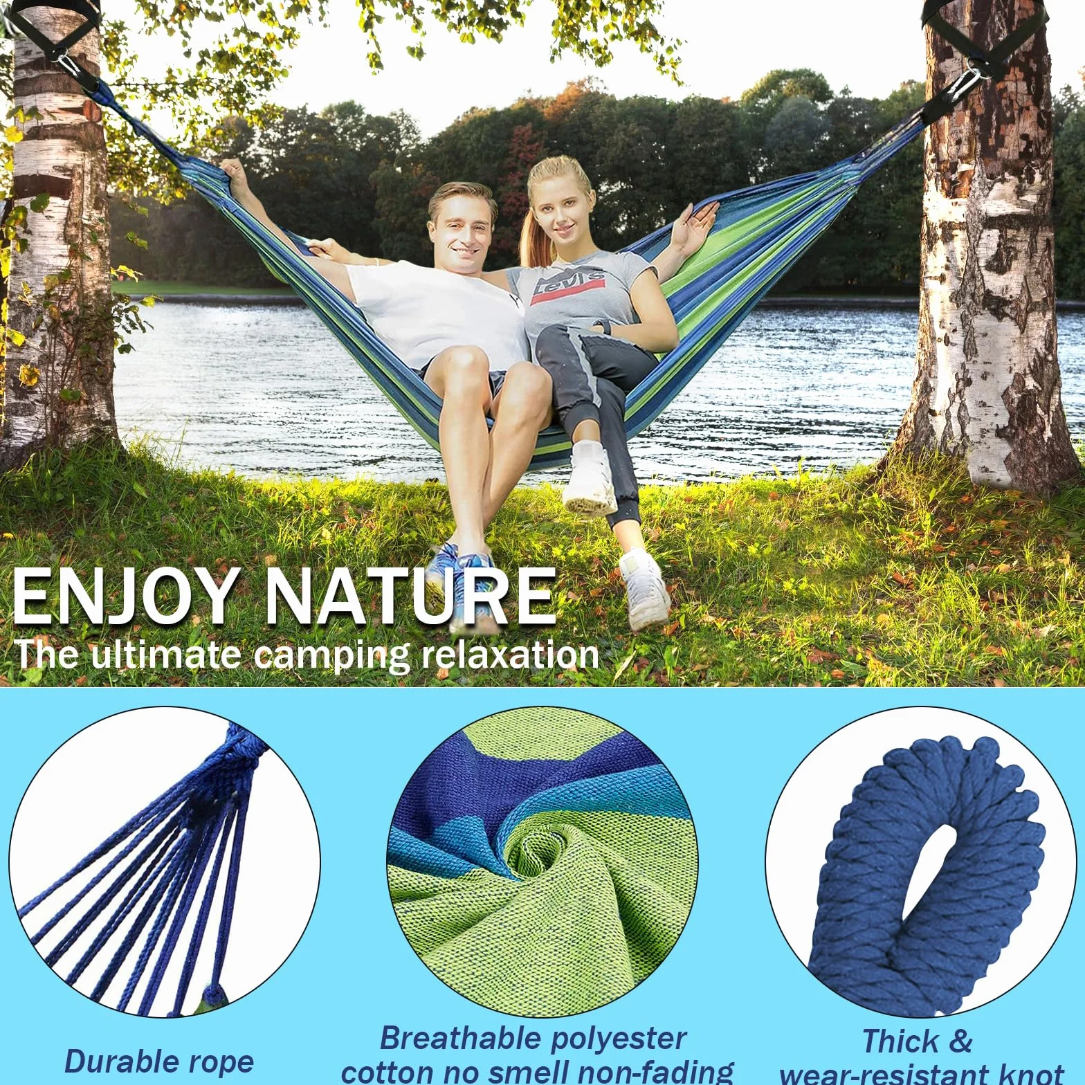 Hamac d'extérieur Camping 2 Personnes 300x150 cm 270 kg Capacité de Charge Toile Suspendu Portable Jardin Plage Balcon