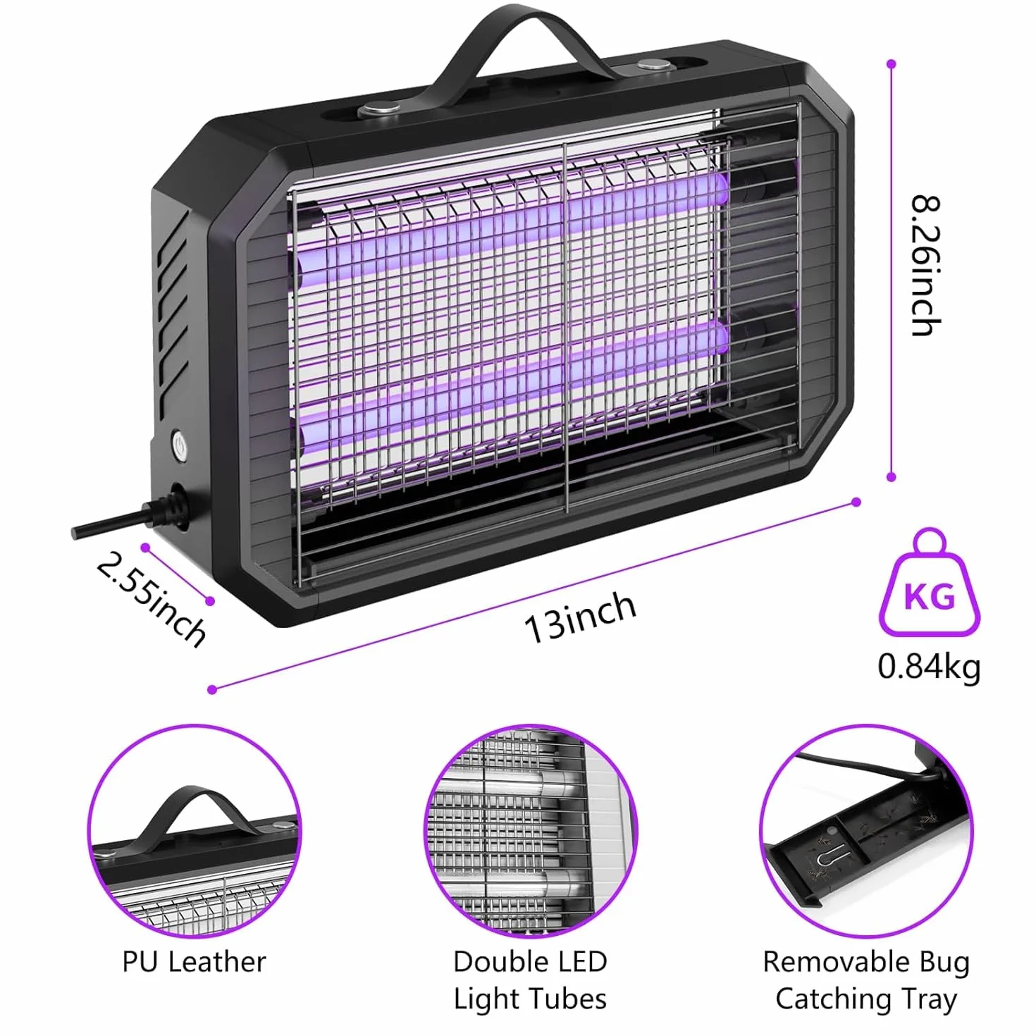 Lampe Anti Moustique Intérieur 4200V Tue Mouche Électrique UV Double LED Câble 1,3m Sans Chimie Grille Sécurité Enfants Animaux