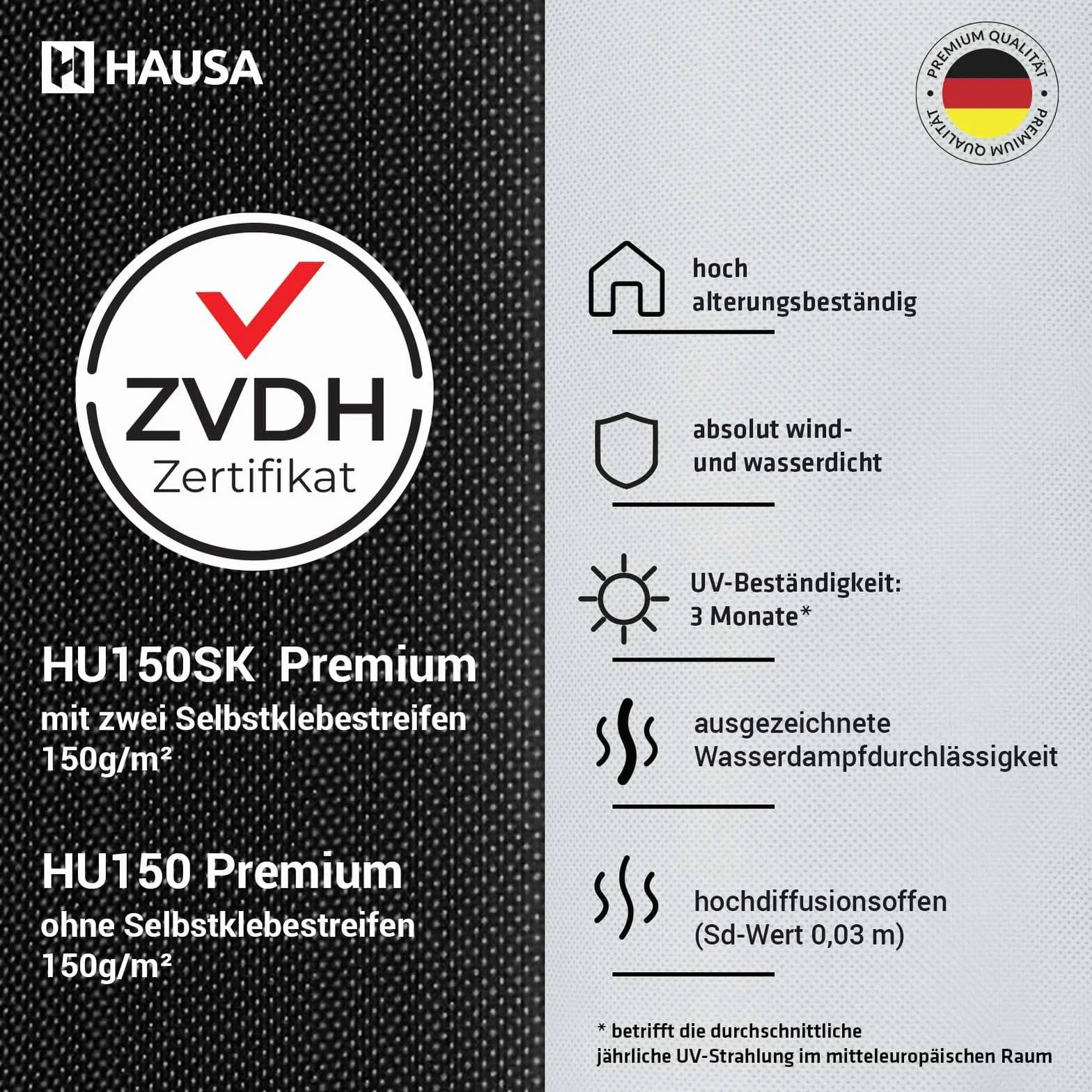 HAUSA membrane de sous-toiture Premium HU150 150g/m² 75m² (1,5mx50m) classe UDB-A/USB-A selon ZVDH, résistante à la pluie et ouverte à la diffusion, résistante aux UV, sans bande adhésive