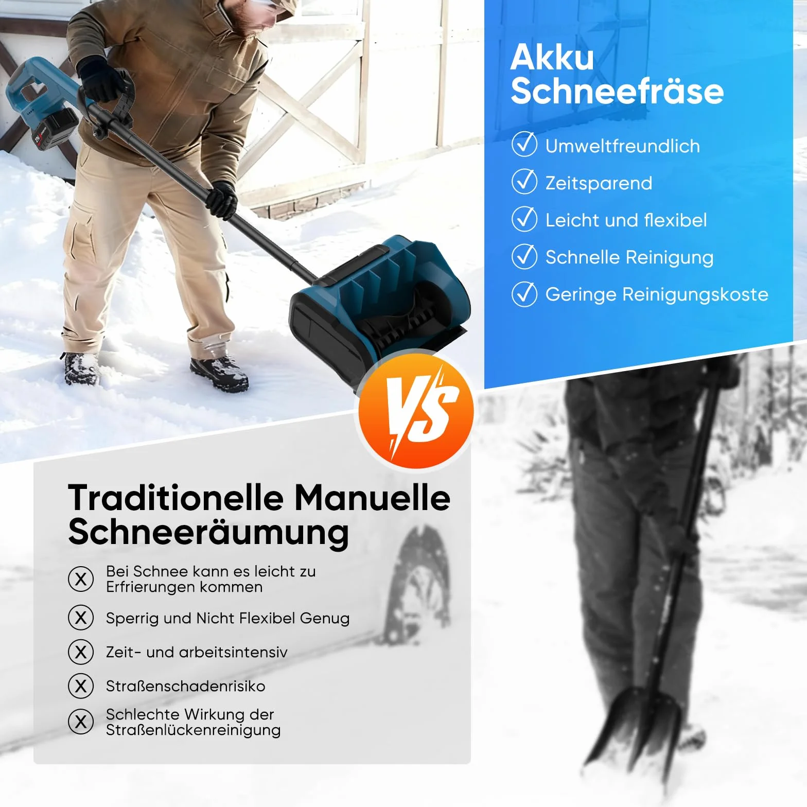 Fraise à neige sans fil 40 cm, 2 batteries 3000 mAh, tête rotative 45°, portée 10 m