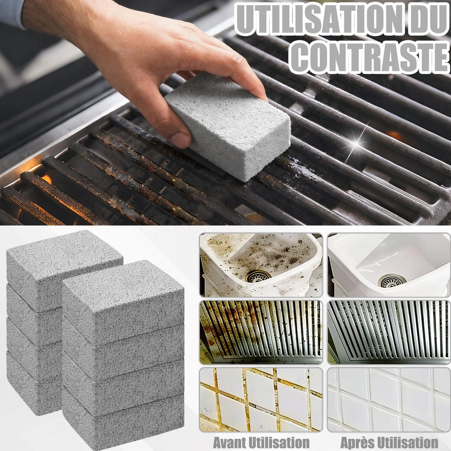 Pierres Nettoyage Grille Barbecue 8 Pcs, Pierre Abrasive Crepiere 10x7x4 cm, Réutilisable pour Grill, Poêles et Carreaux