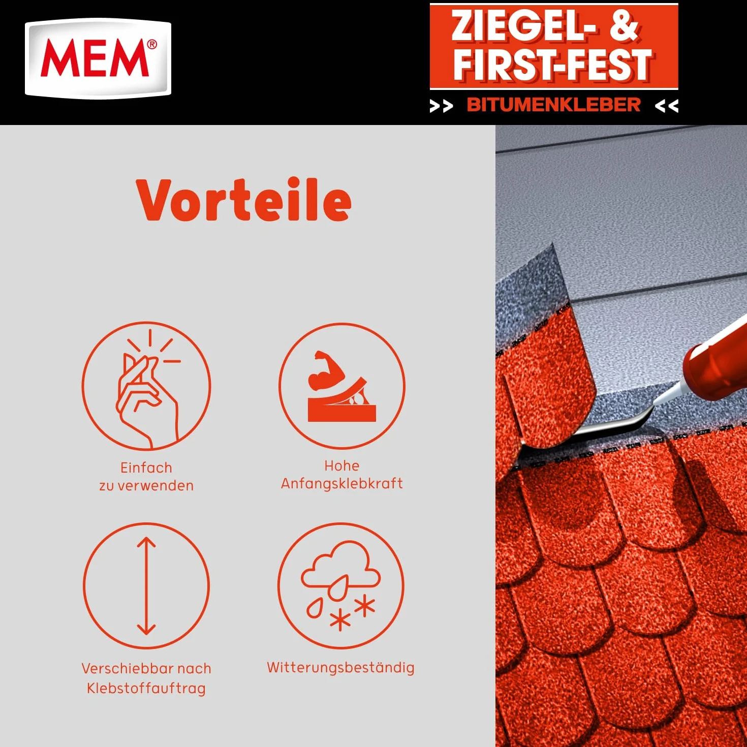 MEM Adhésif à froid à base de bitume résistant aux briques et aux arêtes et sans solvant, particulièrement élevé, pour bardeaux et membranes de toiture en bitume, brun foncé, 445 g