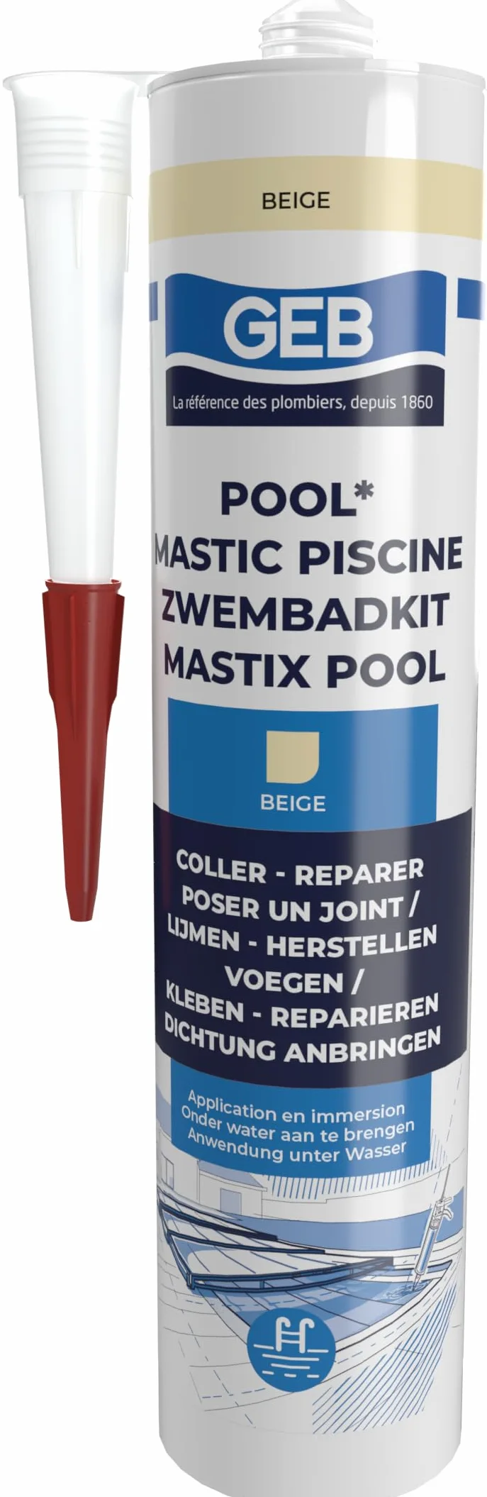 GEB Mastic étanche spécial piscine Beige 290 ml pour coller, jointoyer et réparer même sous l'eau des éléments de piscine, carrelage, mosaïque, margelle, projecteur, bonde