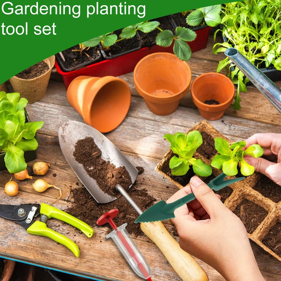 WeddHuis Set de 8 Outils de Repiquage - Kit de Plantation avec Fourchette et Bâton pour Transplanter Semis, Distributeur de Graines (Vert Foncé)