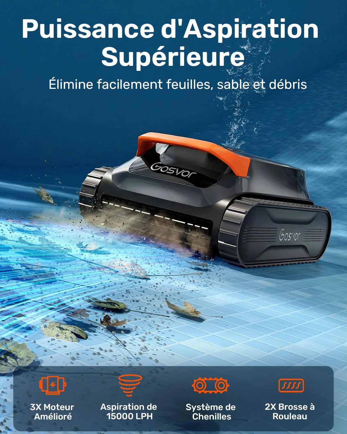 Gosvor LiteVac G1 Robot Piscine Sans Fil Fond et Parois, Navigation WavePath, Filtration 3 μm, 4-en-1, Aspiration 15 000 L/h, Contrôle App, jusqu'à 200 m²