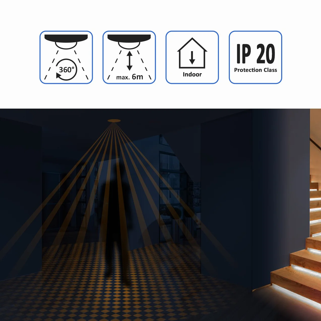 deleyCON 4X Infrarouge Détecteur de Mouvement Encastré Montage au Plafond Intérieur Contrôle des Feux Zone de Travail à 360° Portée de 6m Capteur de Lumière Intégré Blanc
