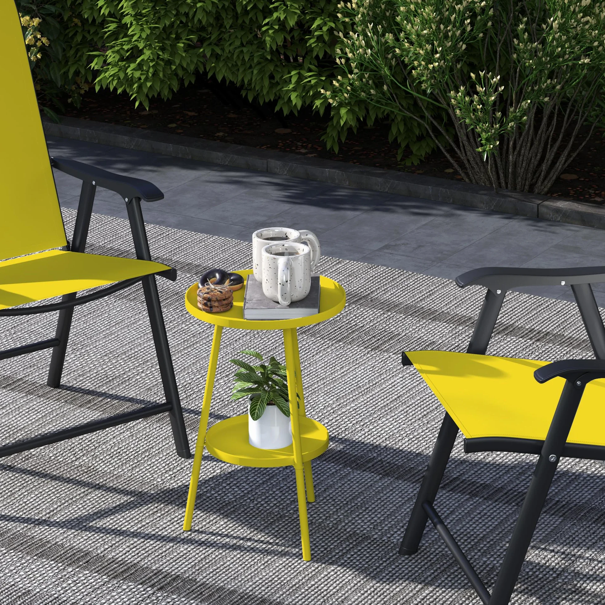 Outsunny Petite Table d'appoint Ronde à 2 Niveaux, Table de Jardin, en métal, Jaune