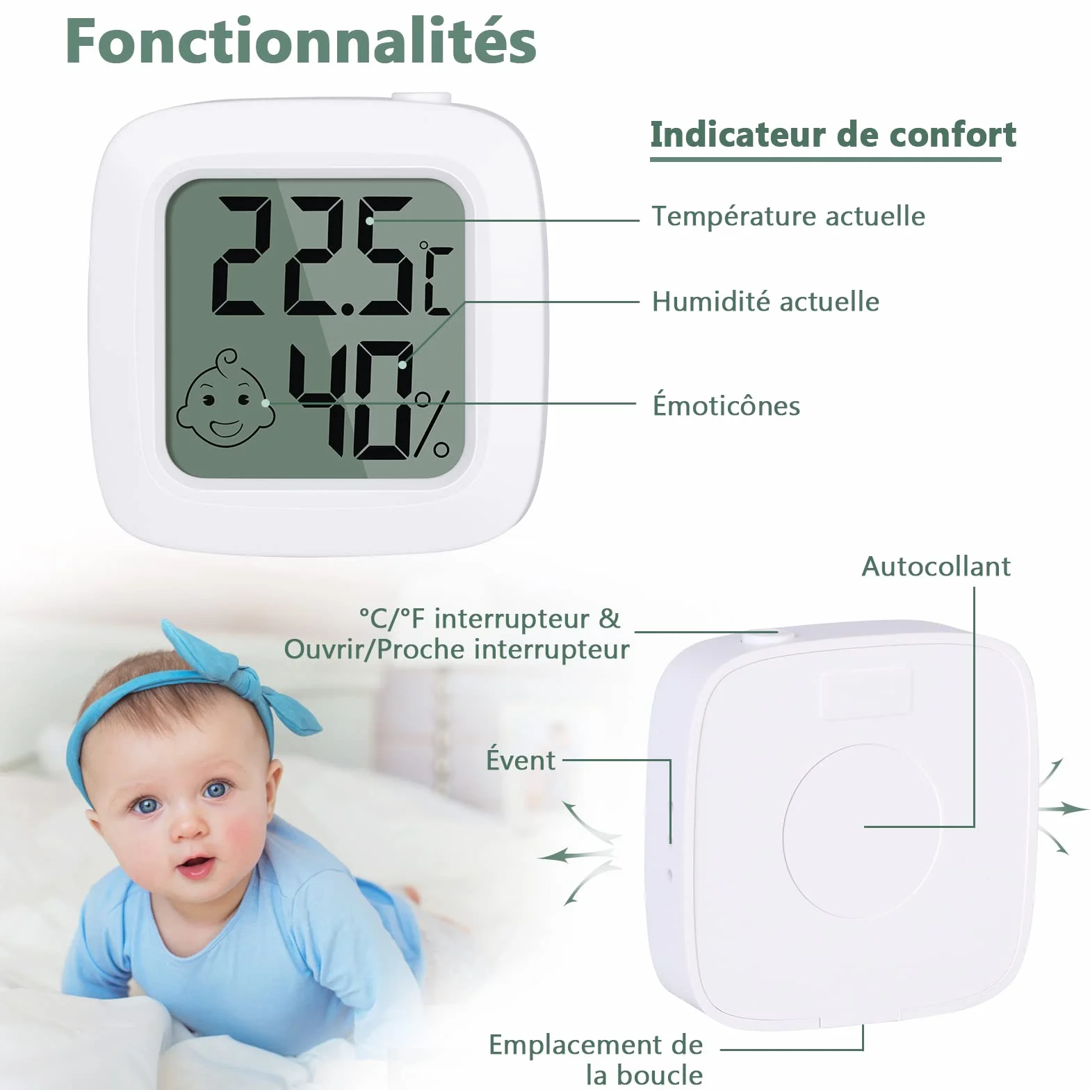Vinabo Thermomètre Hygromètre Numérique Intérieur Haute Précision avec Indicateur de Confort 2 Pièces