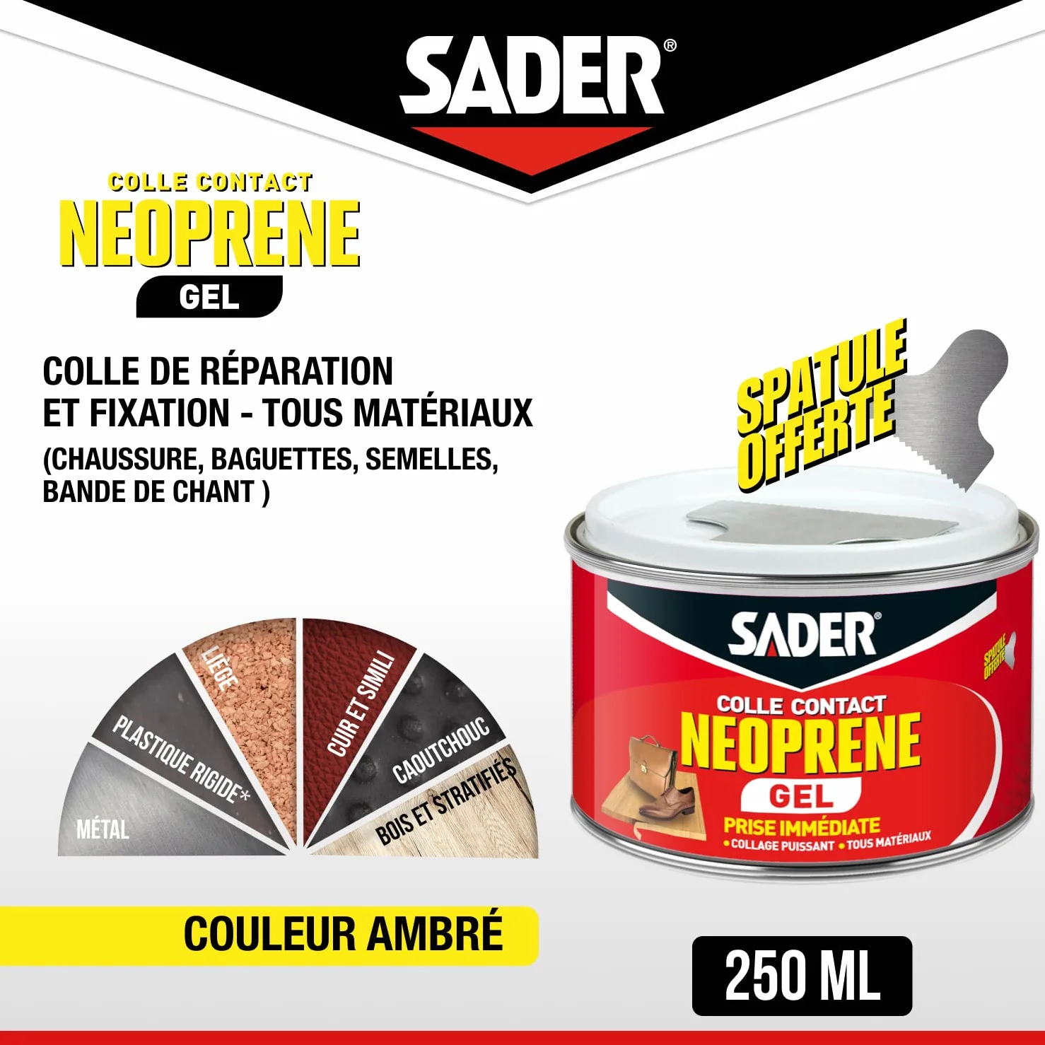 Sader Colle Contact Néoprène Gel – Colle Extra Forte Tous Matériaux – Prise Immédiate – Idéale pour Supports Poreux ou Verticaux – Spatule Incluse – Boîte de 250 ml