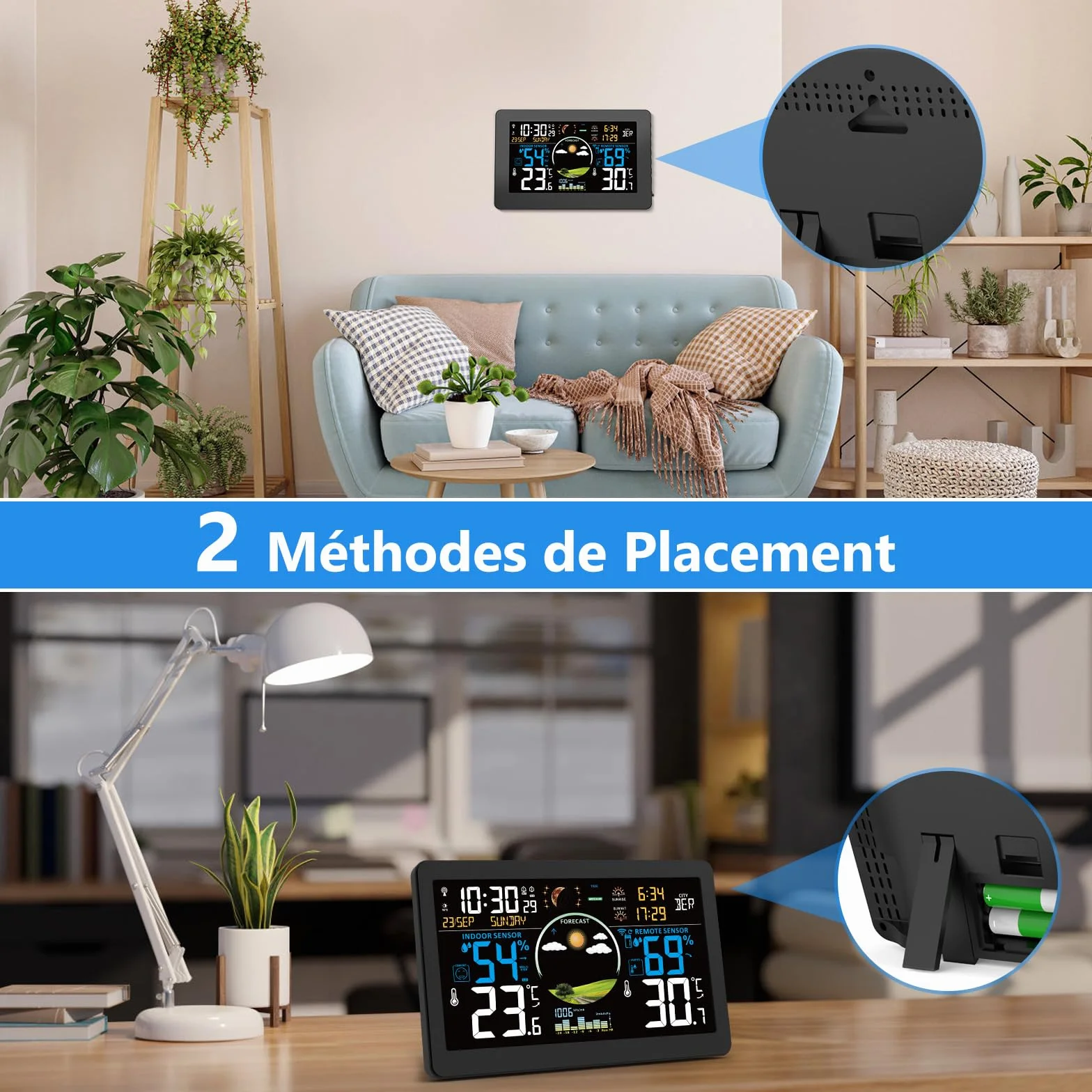 VIFLYKOO Station Météo Sans Fil 7,5" Écran VA Thermomètre Hygromètre Intérieur Extérieur avec Capteur Externe Baromètre Alarme
