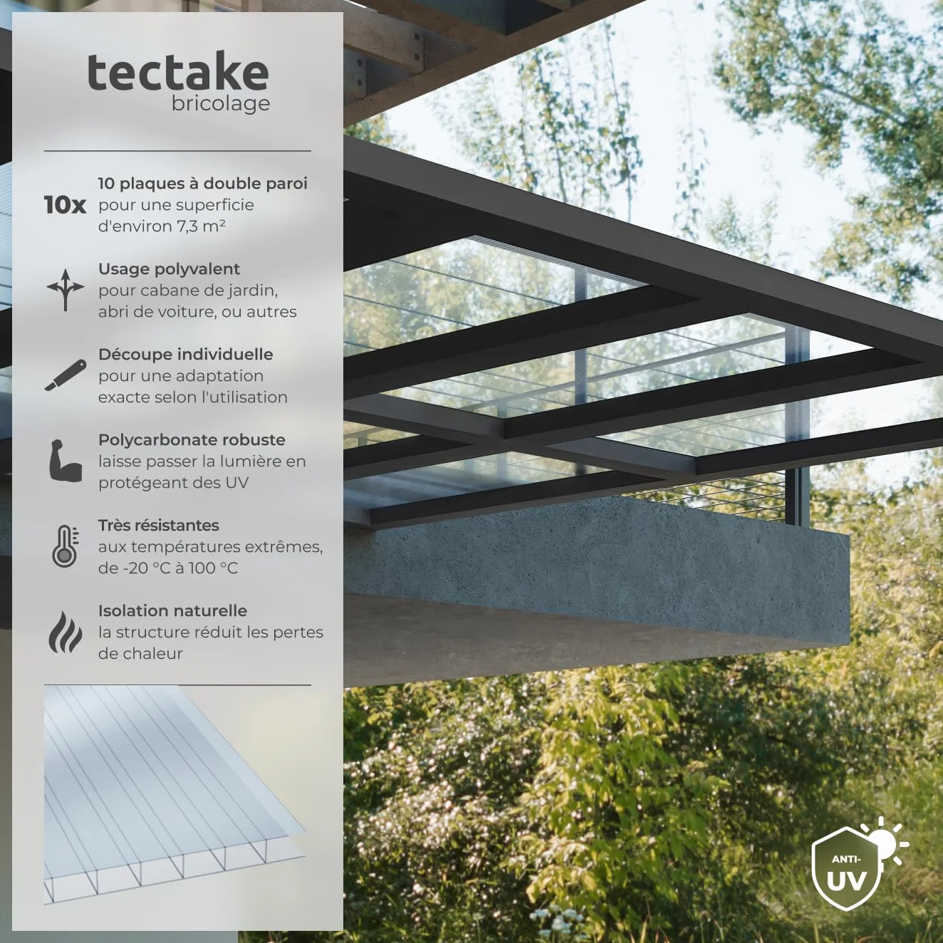 Panneaux alvéolaires Polycarbonate 4 mm 121x60,5 cm Antichoc UV Serre de jardin
