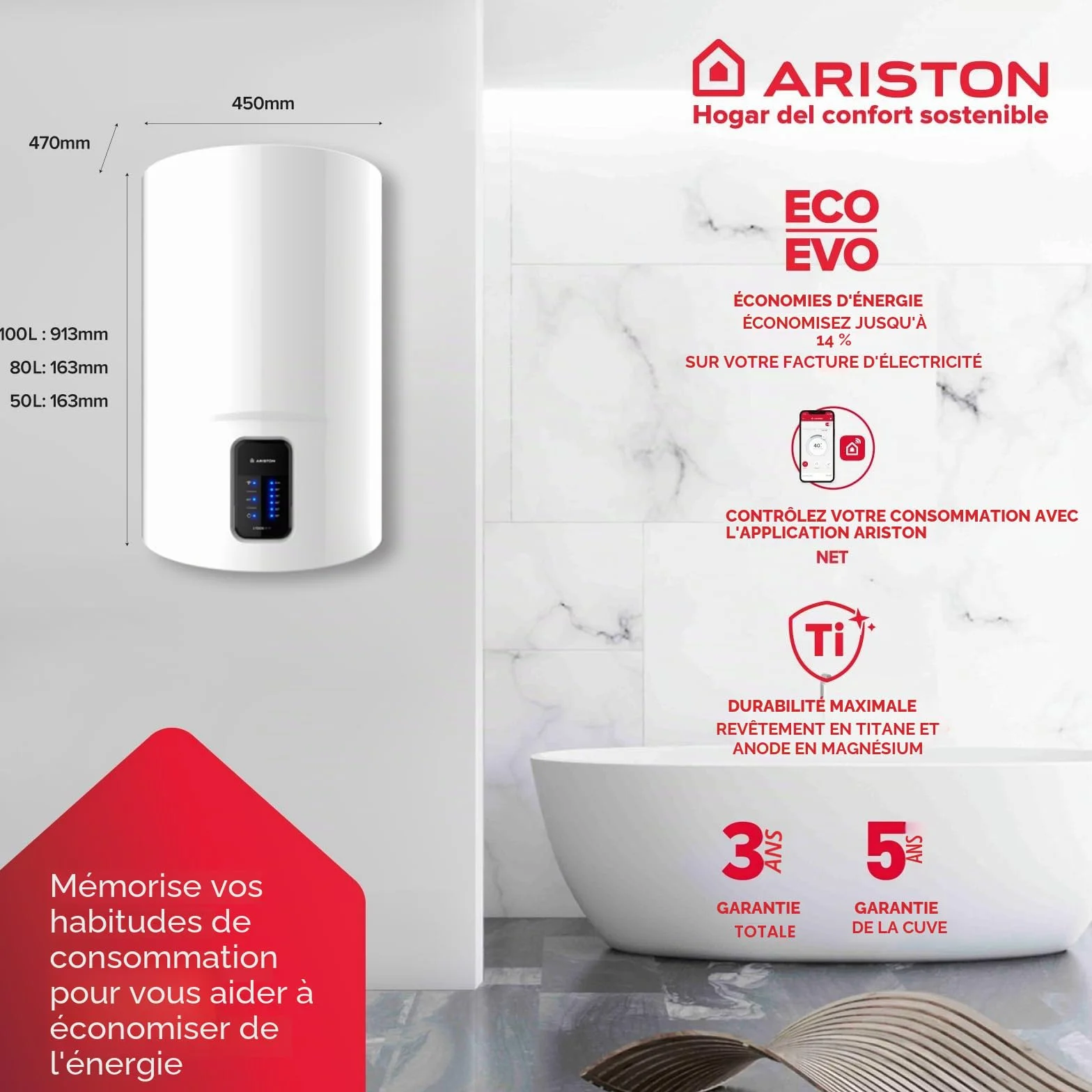 Ariston Lydos WIFI Chauffe-eau électrique 80 L