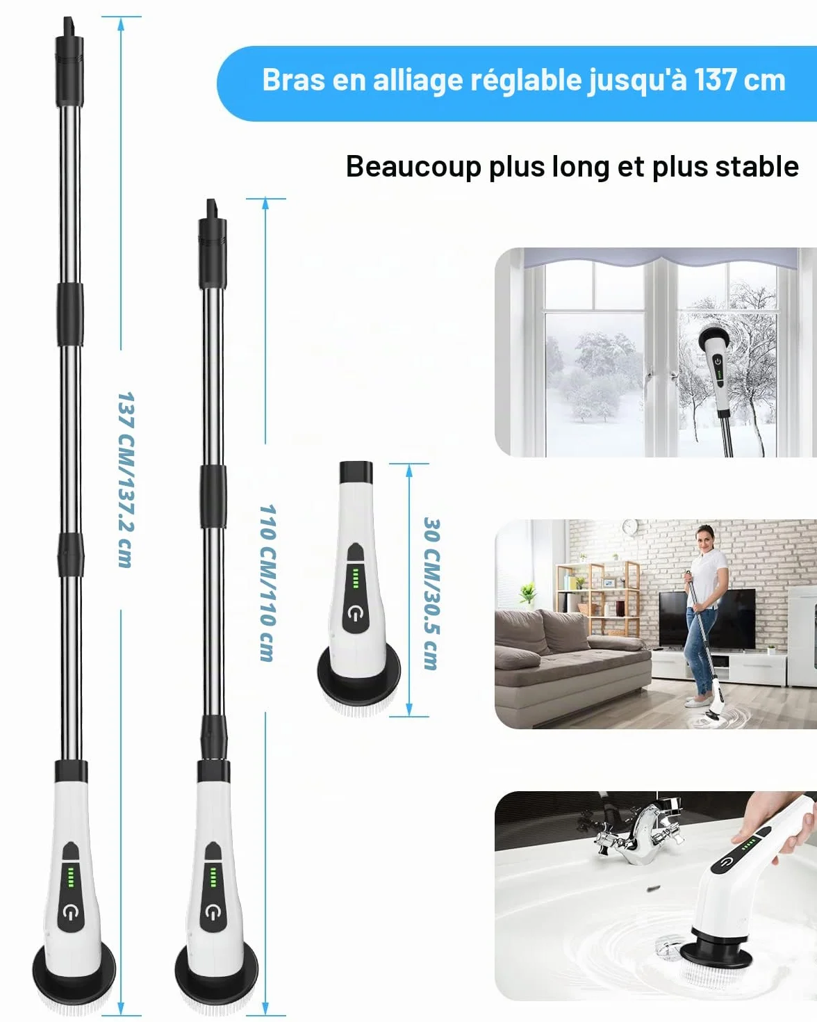 Brosse Electrique Nettoyage Rotative, Brosse de Nettoyage sans Fil avec 8 Têtes de Brosse Remplaçables, Electric Spin Scrubber avec Poignée Réglable de 137cm pour Salle de Bain Cuisine Voiture