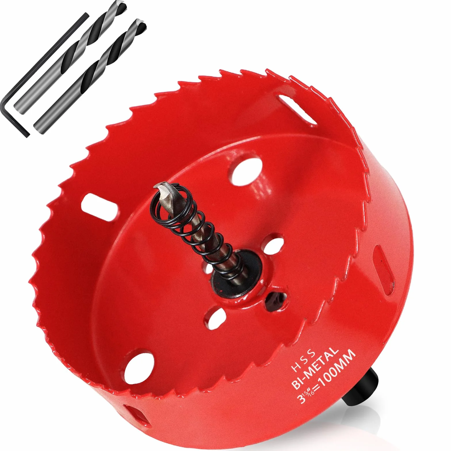 Scie Cloche Bi-métal 100 mm, M42 HSS Bimétallique Scie Trèpan, avec Adaptateur de Tige Triangulaire et Foret de Centrage, pour le Bois, Métal Mou, Plastique, Verre, Carrelage, Céramique