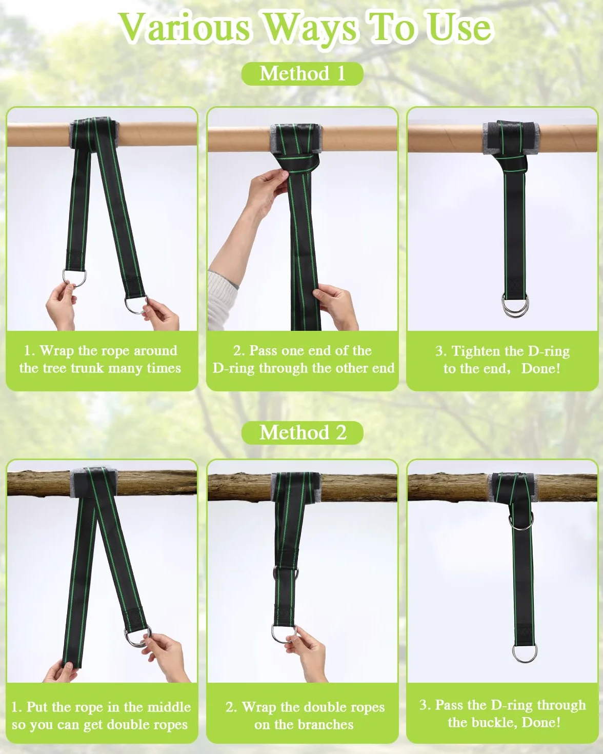 Sangle de Suspension 2 x 200 cm avec D-Ring, Protection d'Arbre pour Balançoire et Hamac Vert