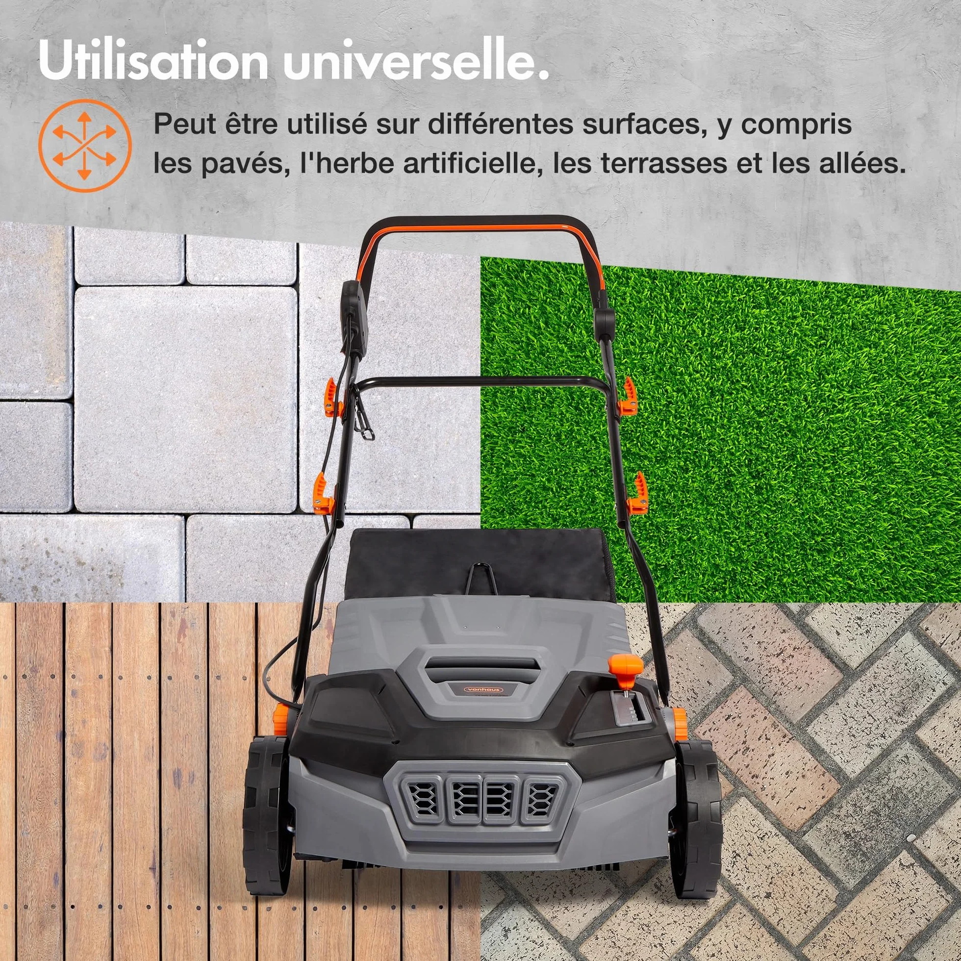 VonHaus Balayeuse Pelouse Artificielle 1800 W Électrique Sac 45 L 5 Hauteurs Réglables Largeur 380 mm