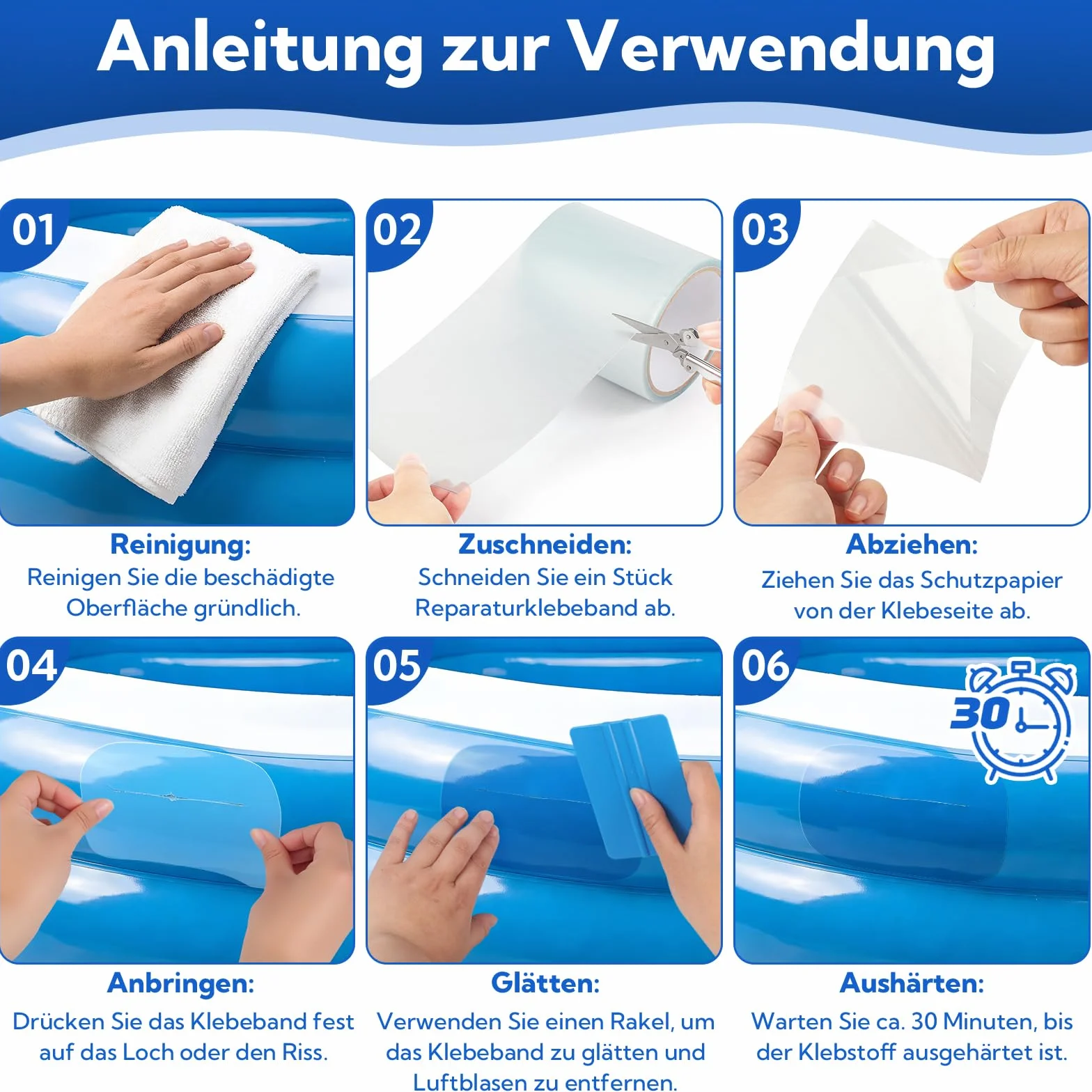 Kit Réparation Piscine Étanche PVC 10cm x 350cm, Ruban Adhésif Transparent pour Piscine, Spa et Matelas Gonflable