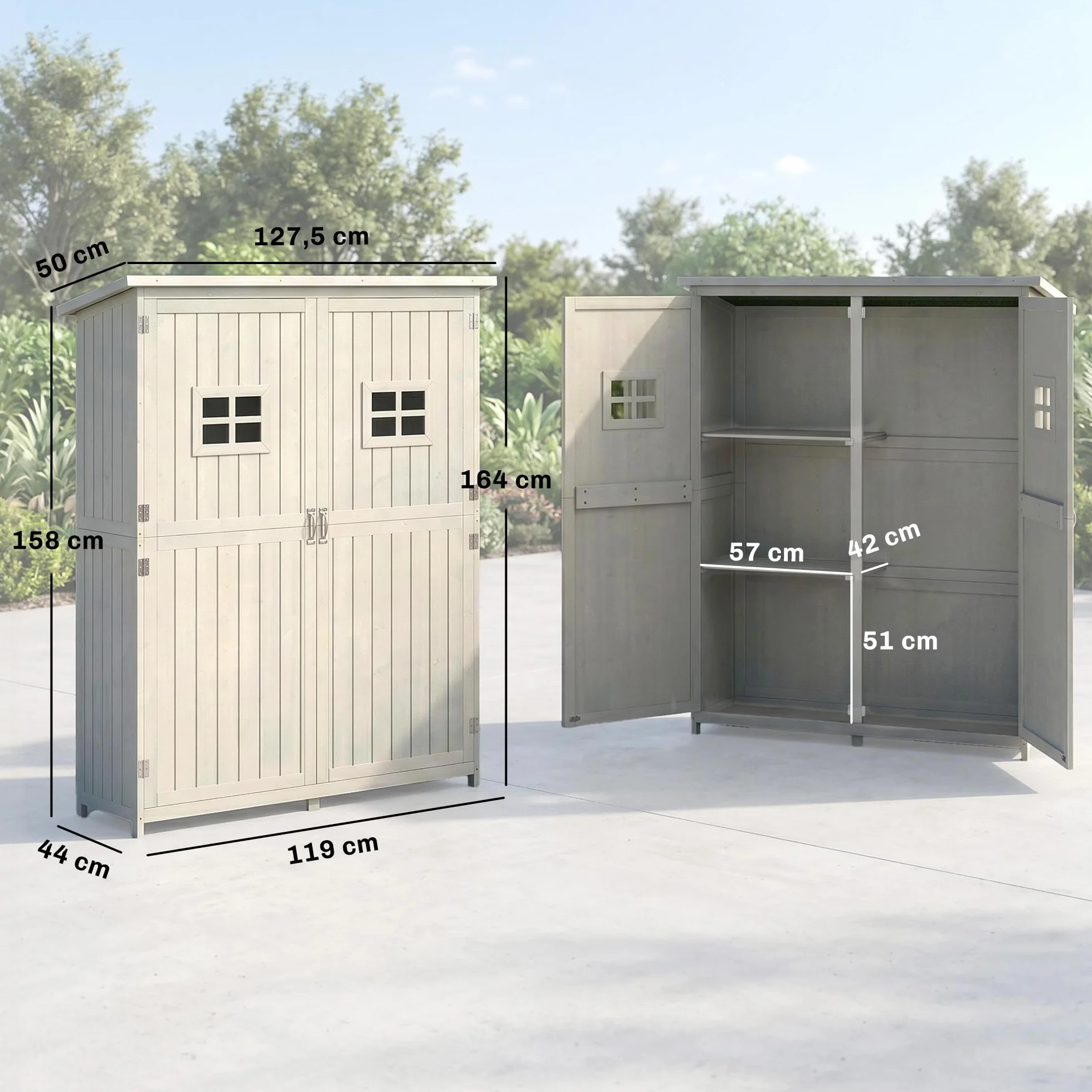 Outsunny Abri de Jardin en Bois Armoire de Jardin 127,5L x 50l x 164H cm 2 étagères 2 Portes Toit bitumé étanche Bois Massif Sapin Gris