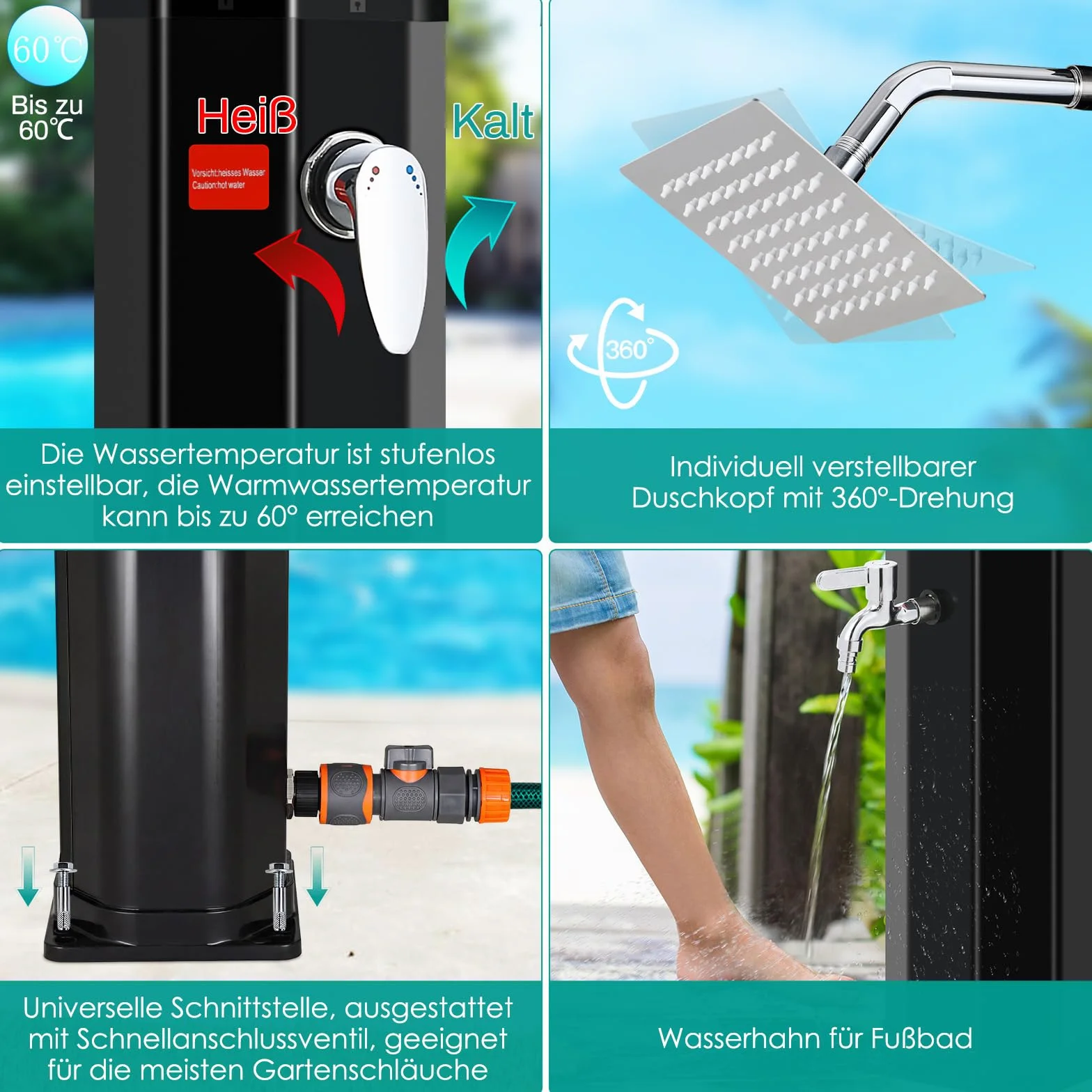 Douche Solaire 60L avec Pommeau et Robinet, Jusqu'à 60° sans Raccordement Électrique pour Piscine