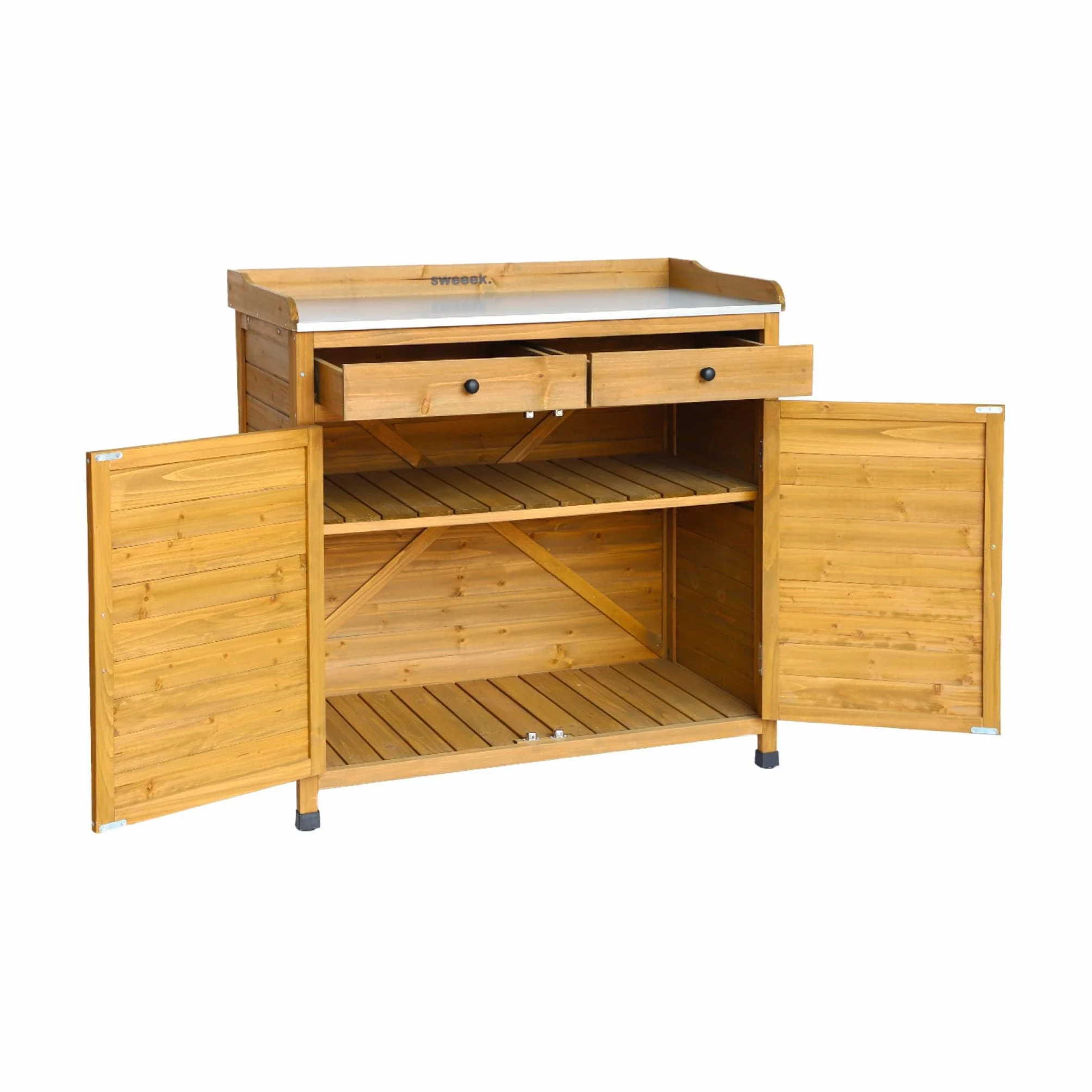 Sweeek Meuble de Rangement Table de Repiquage Bois 2 Portes 2 Tiroirs 102 x 52.8 x 103.5 cm