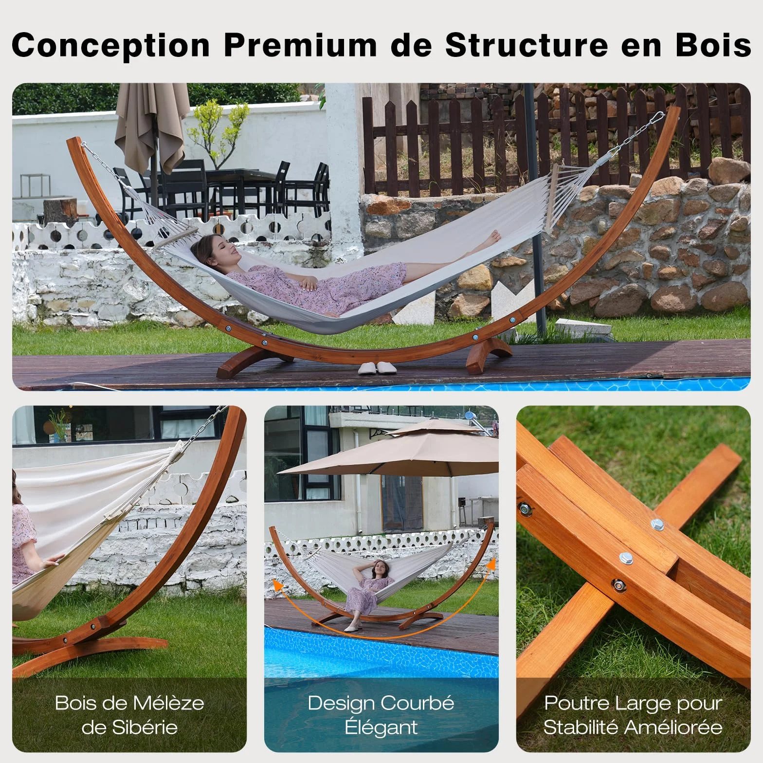 Hamac avec Support en Bois 2 Hamacs Inclus 200 kg 320×120×120 cm Ajustable Jardin Terrasse Balcon