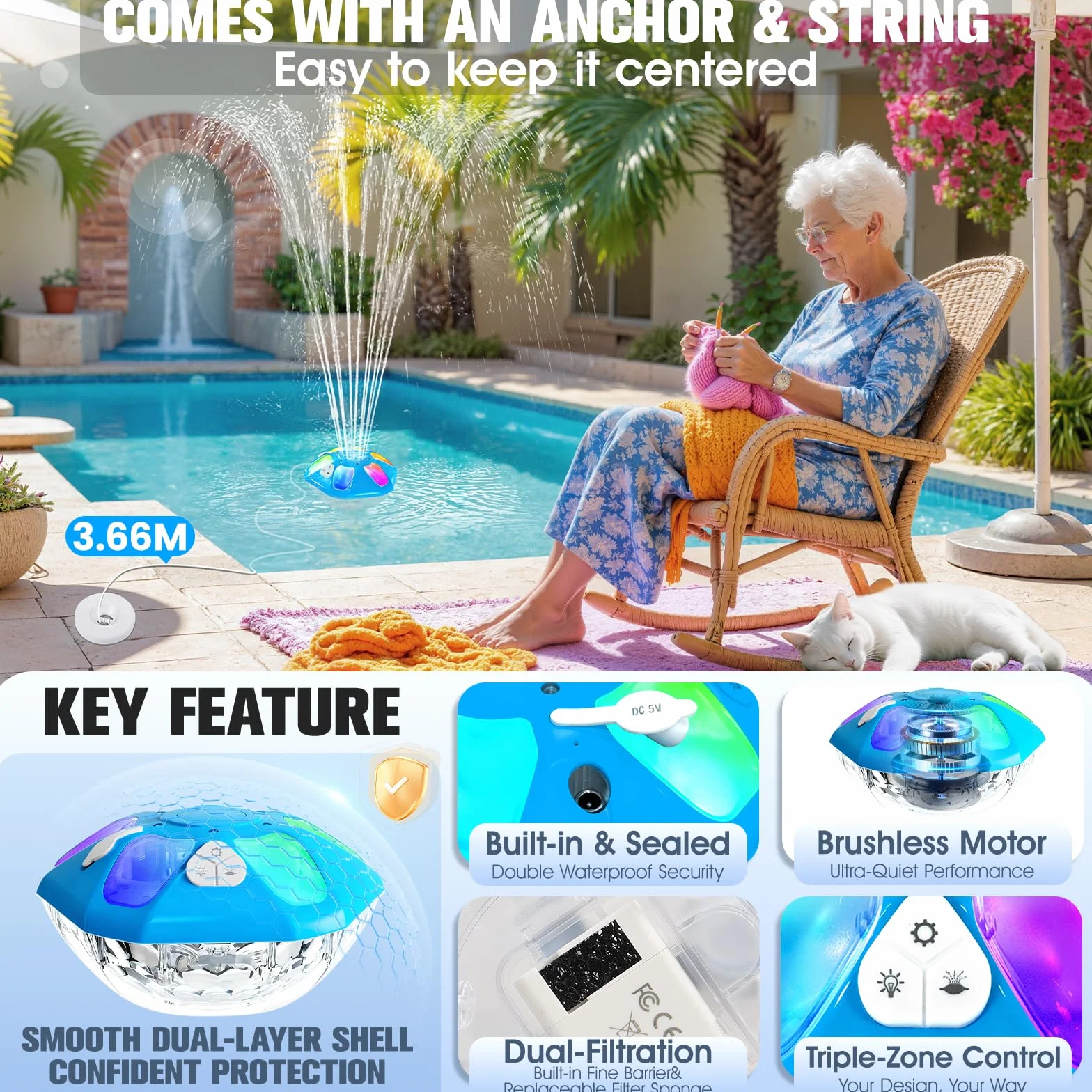 KingSom Fontaine Piscine LED Rechargeable 2 Modes Jet 12 Modes Éclairage Flottante Hors Sol