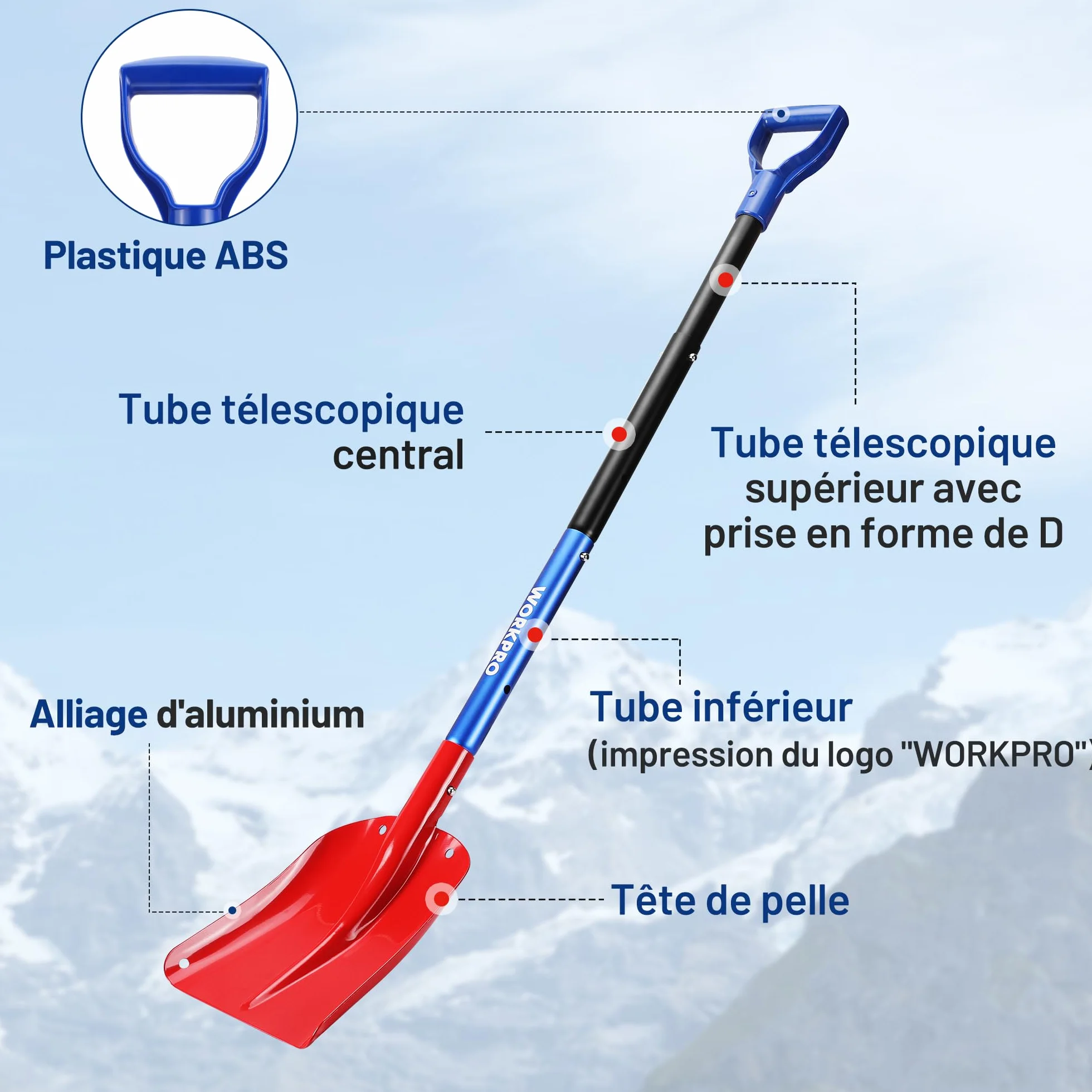 Pelle à Neige en Aluminium Réglable WORKPRO avec Manche Télescopique et Sac de Rangement