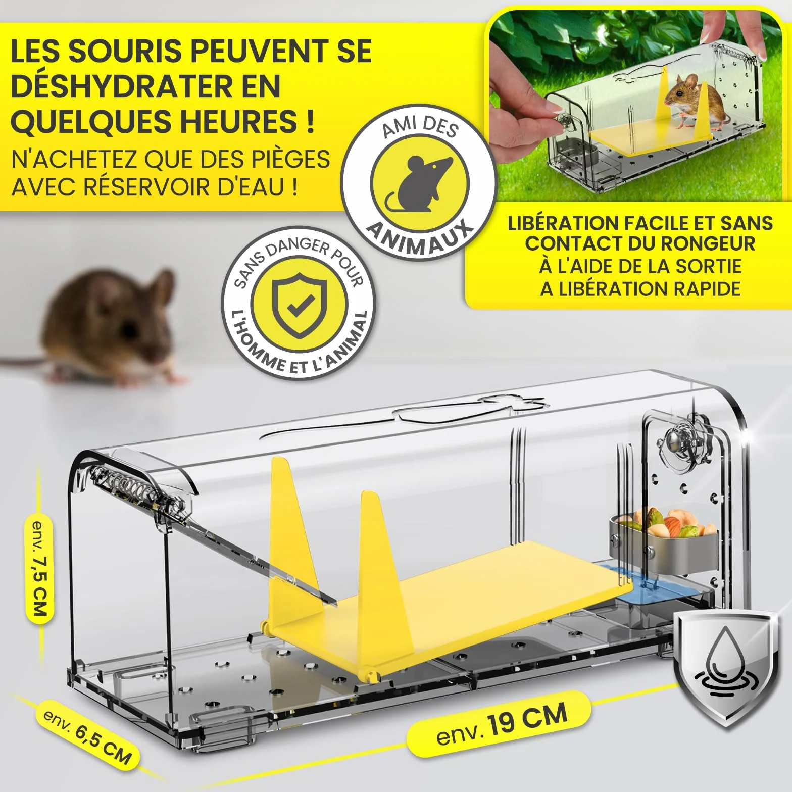 HEIMWERT Piège à Souris Vivantes Set de 2 - avec Stockage d'Eau, Boîte d'Appât, Trous de Ventilation – Piège à Rat avec Sortie Rapide sans Contact