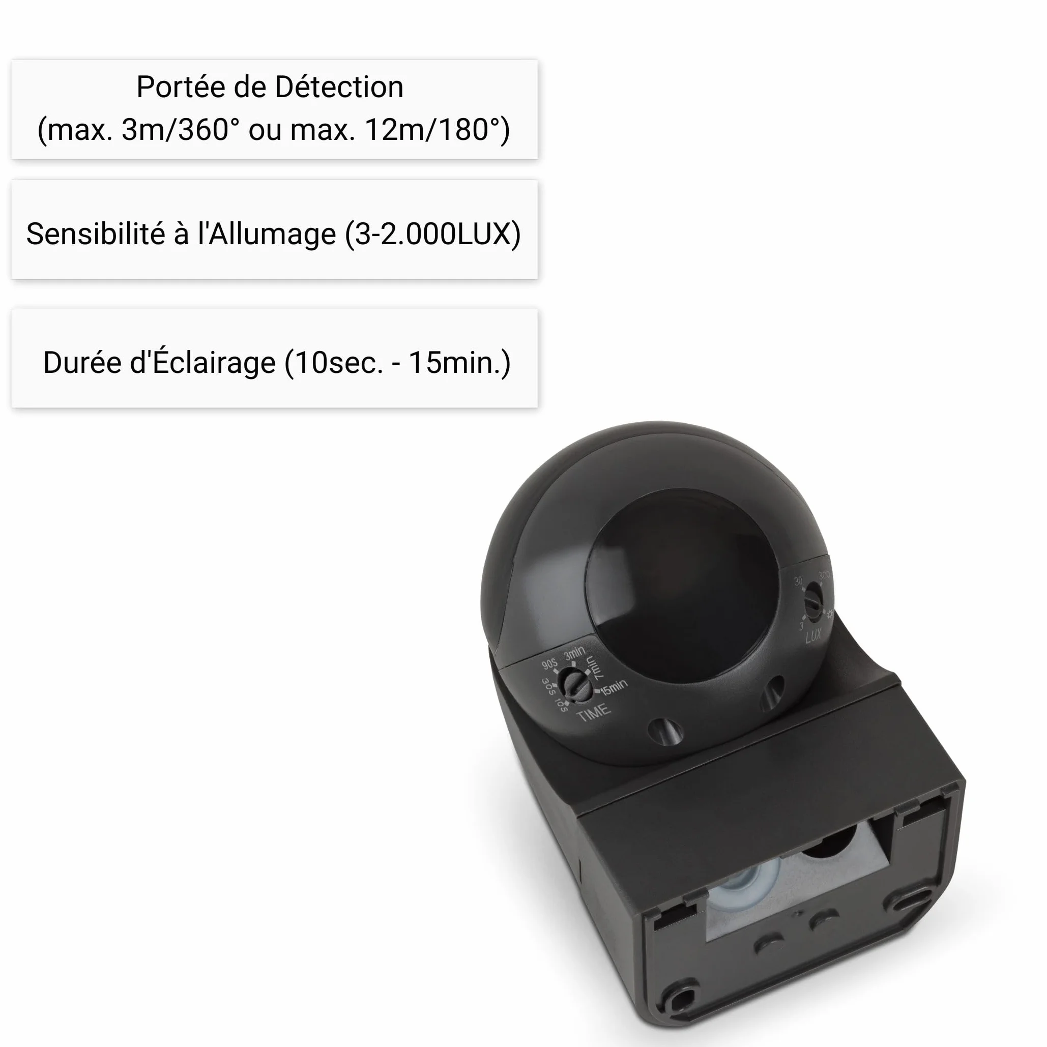 SEBSON Detecteur de Mouvement Exterieur Montage en Saillie - Adapté à LED, Programmable, Rotatif - Portée 12m/180°, 3m/360° (2 Capteurs Infrarouges)