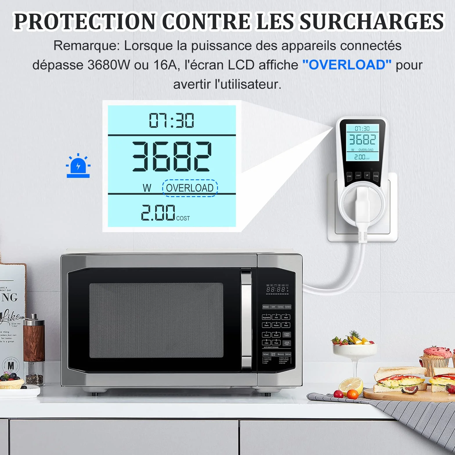 Wattmètre Prise Compteur d'Énergie, Consommation d'Énergie avec 7 Modes Surveillance, Écran LCD Rétroéclairé, Prise Consommation Electrique pour Économie d'Energie, Surcharges de Protection, 3680W MAX