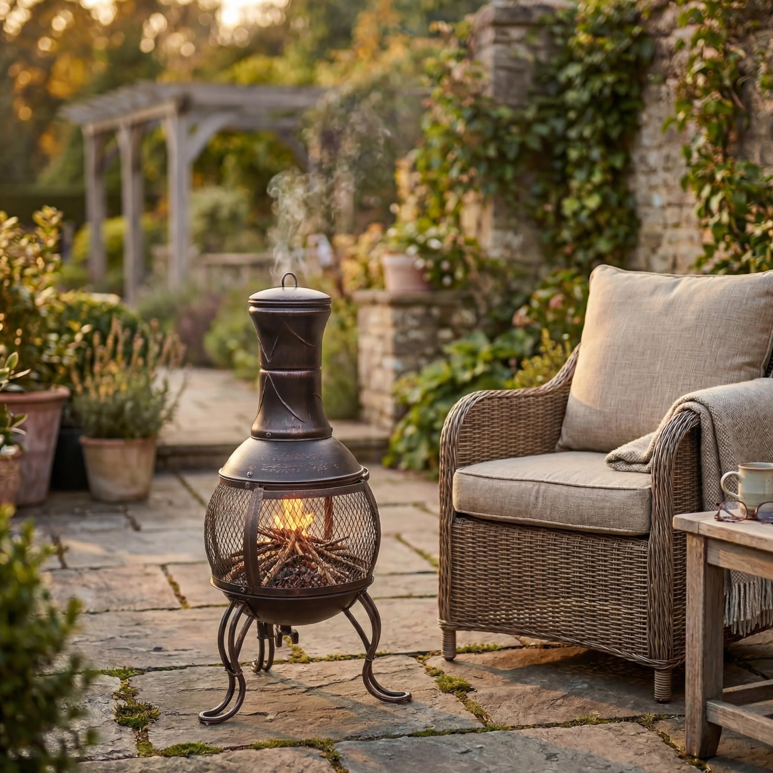 Cheminée en Acier pour Jardin Fire Vida Noir et Or Antique