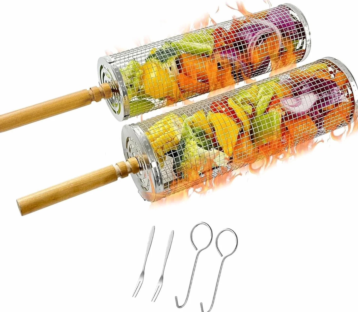 Lot de 2 Paniers à Barbecue Emboîtables, Acier Inoxydable 304, Poignées Bois Amovibles, Compatible Lave-vaisselle