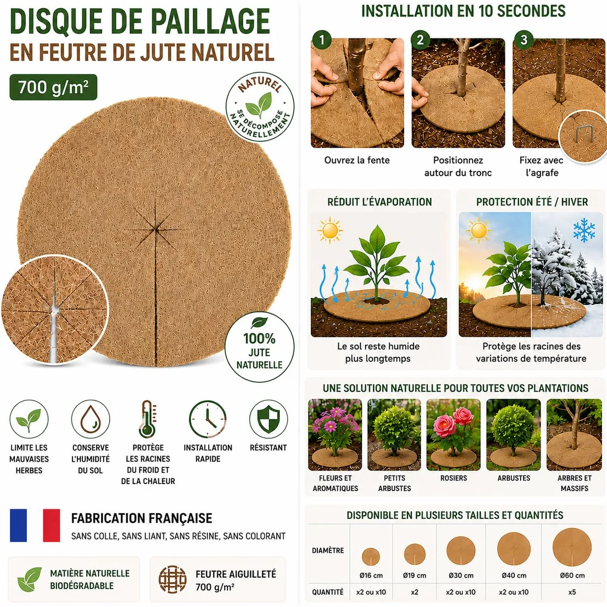 La cordeline Lot de 10 Disques de Paillage Feutre de Jute 700gr/m² 30cm Naturelle
