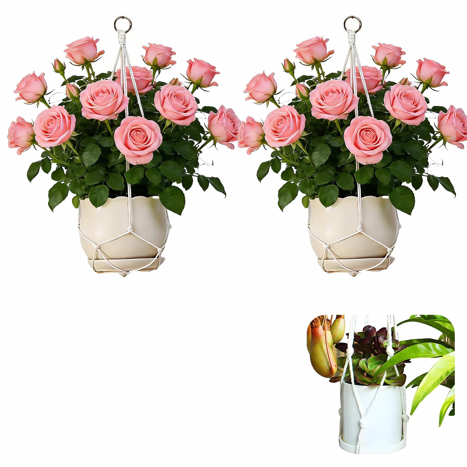 Suspension Plante Macrame Lot de 2 Coton Beige Décoration Intérieure Extérieure Bohème